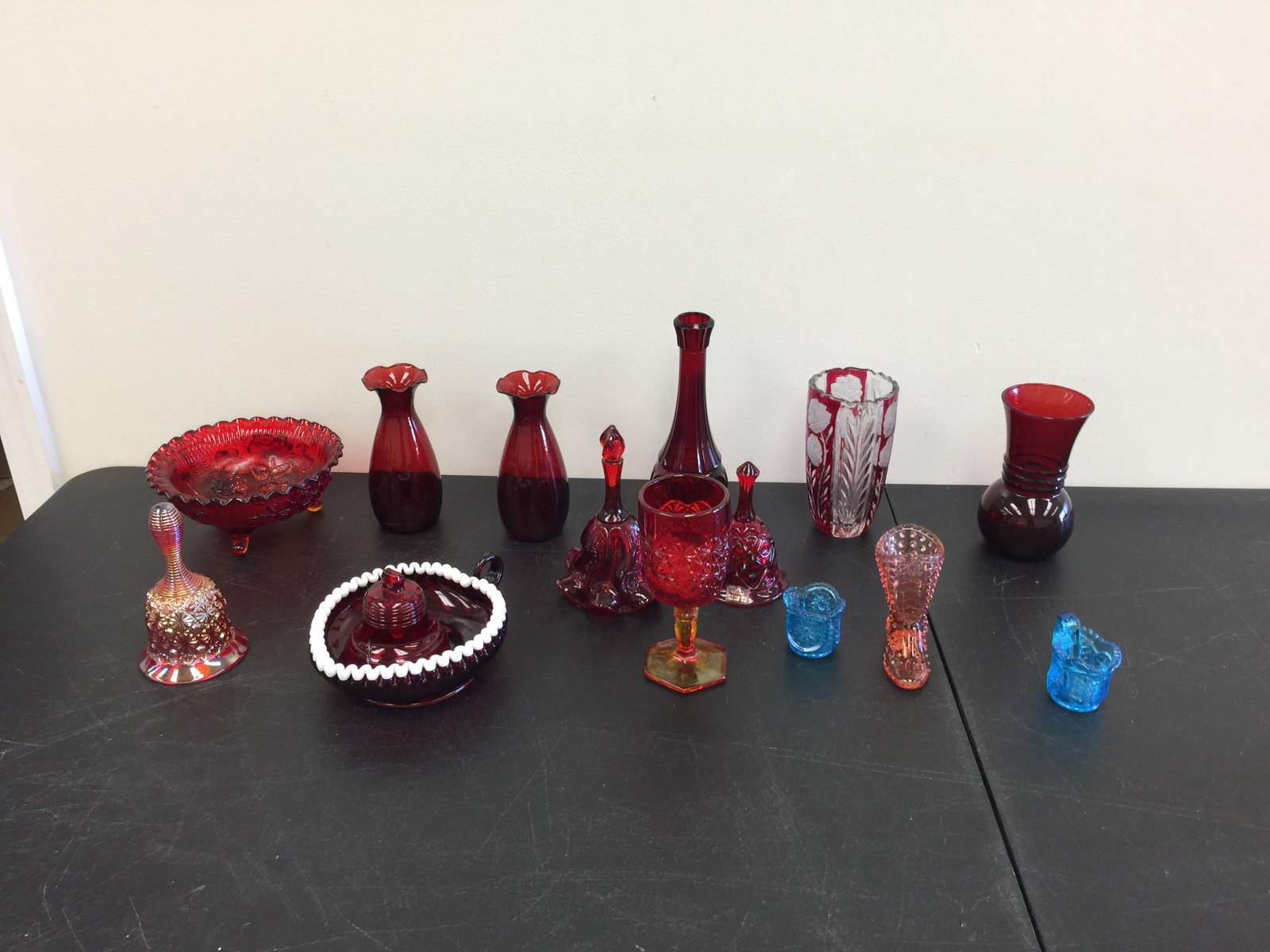 MCM Glass Plus: fenton bells, amberina goblet and more.