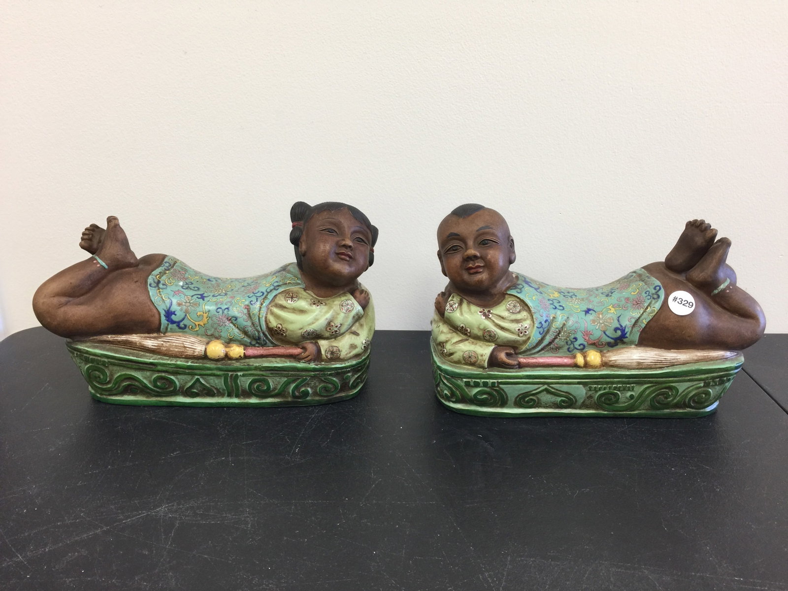 Chinese Ceramic Boy and Girl Pillows: 13".