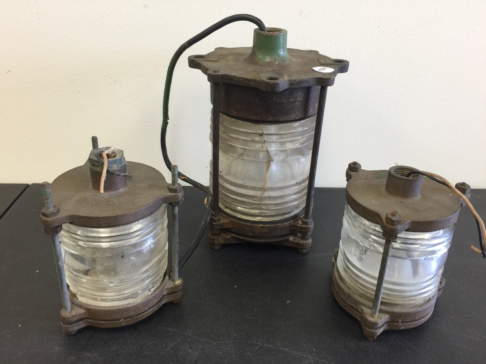3 Vintage Ships Lights: Largest 12" x 8", smaller pair 6" x 5". Made of heavy, solid brass.