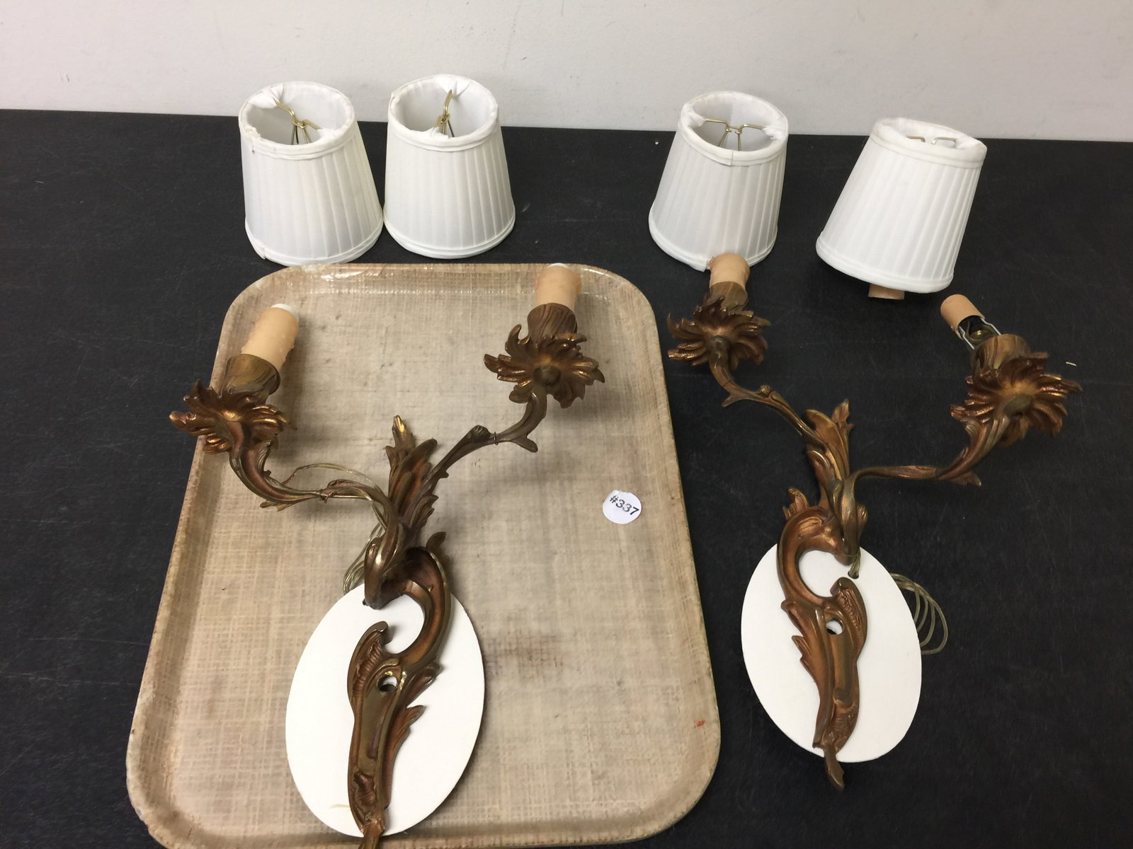 French Bronze Rococo Style Wall Sconces: fitted cloth shades, electrified. 18"H.