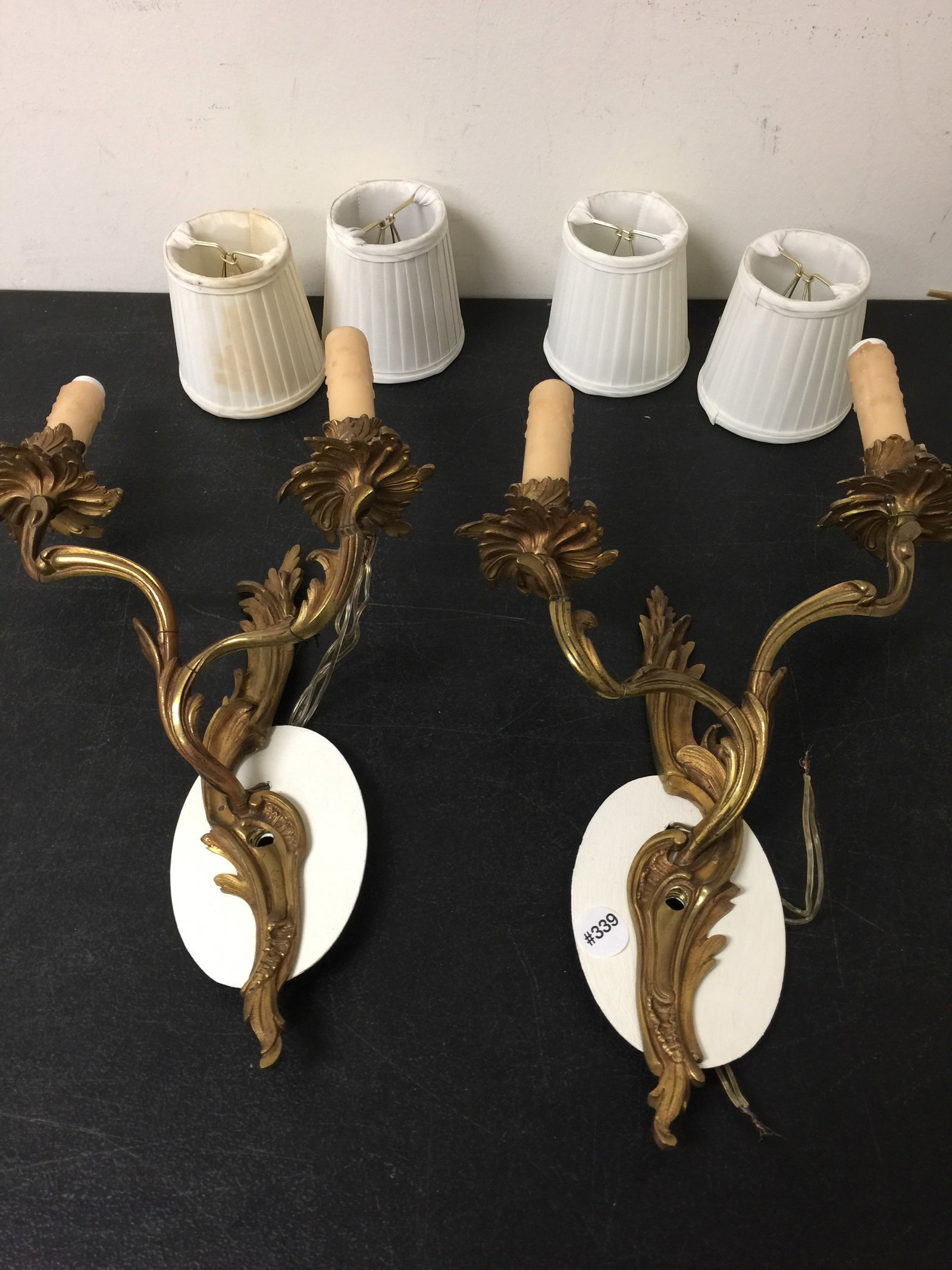 French Bronze Rococo Style Wall Sconces: fitted cloth shades, electrified. 18"H.