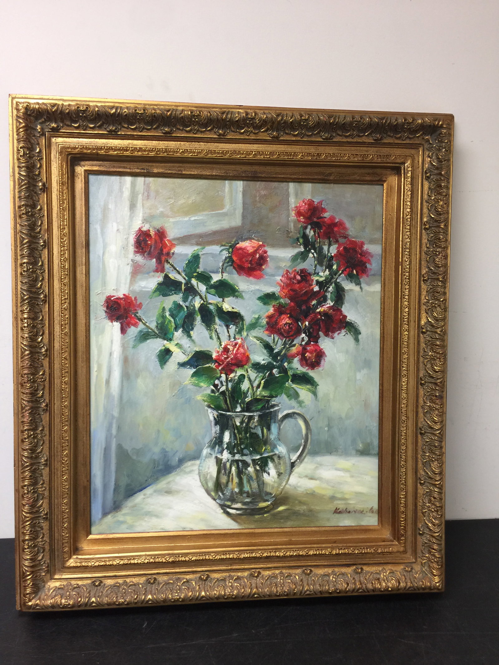 Signed Oil on Canvas Still Life: SLR "Kathernicke?", gilt frame, 29"x33".