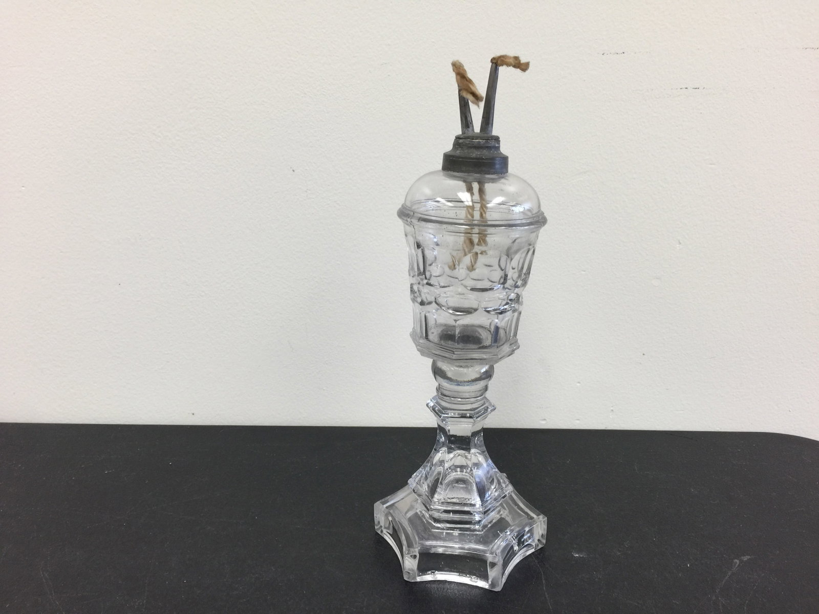 Sandwich Glass Whale Oil Lamp: complete, 11"H.