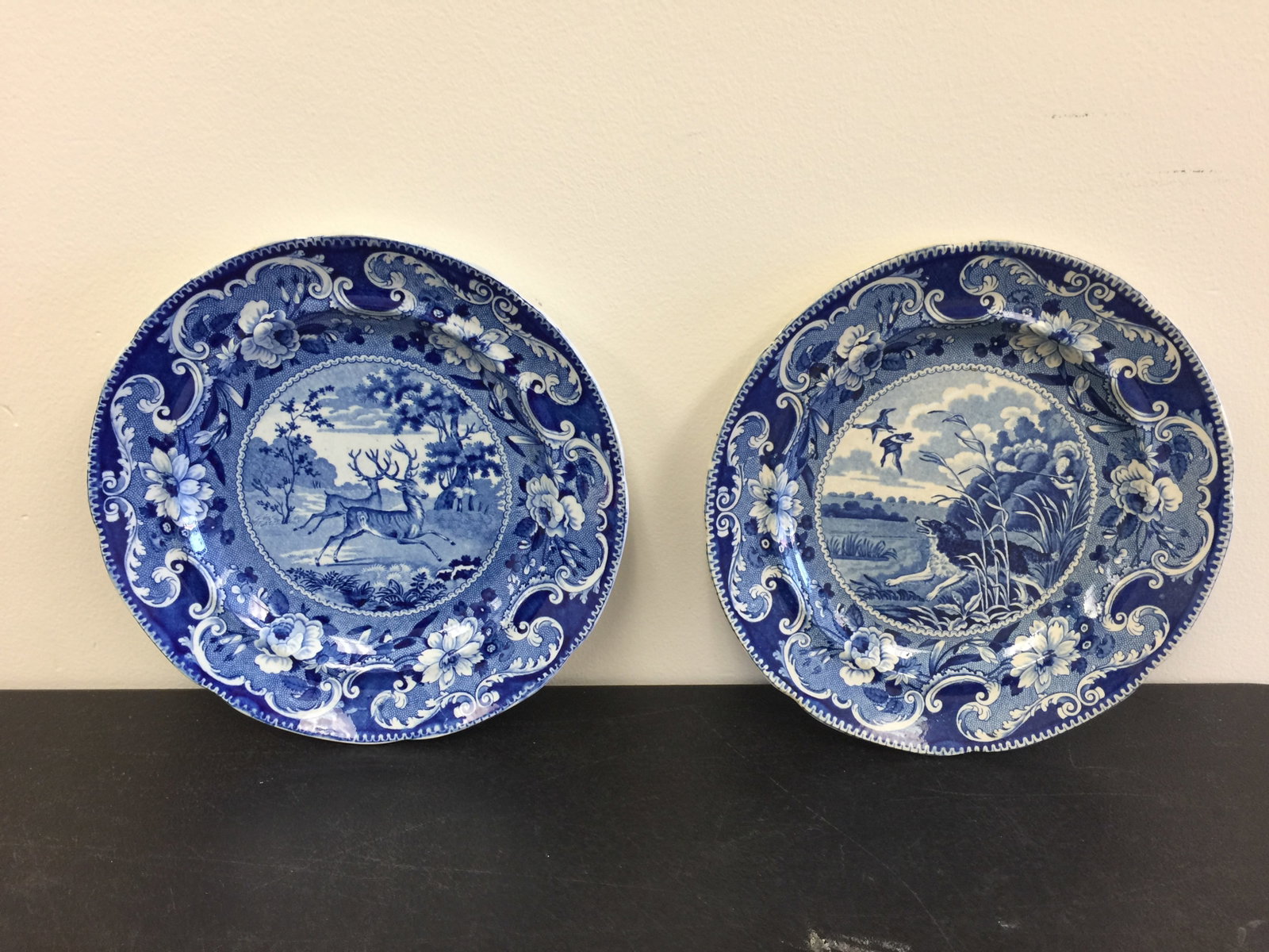 Enoch Wood & Blue Transferware Plates (2): stamped, from sporting series. 10"W.