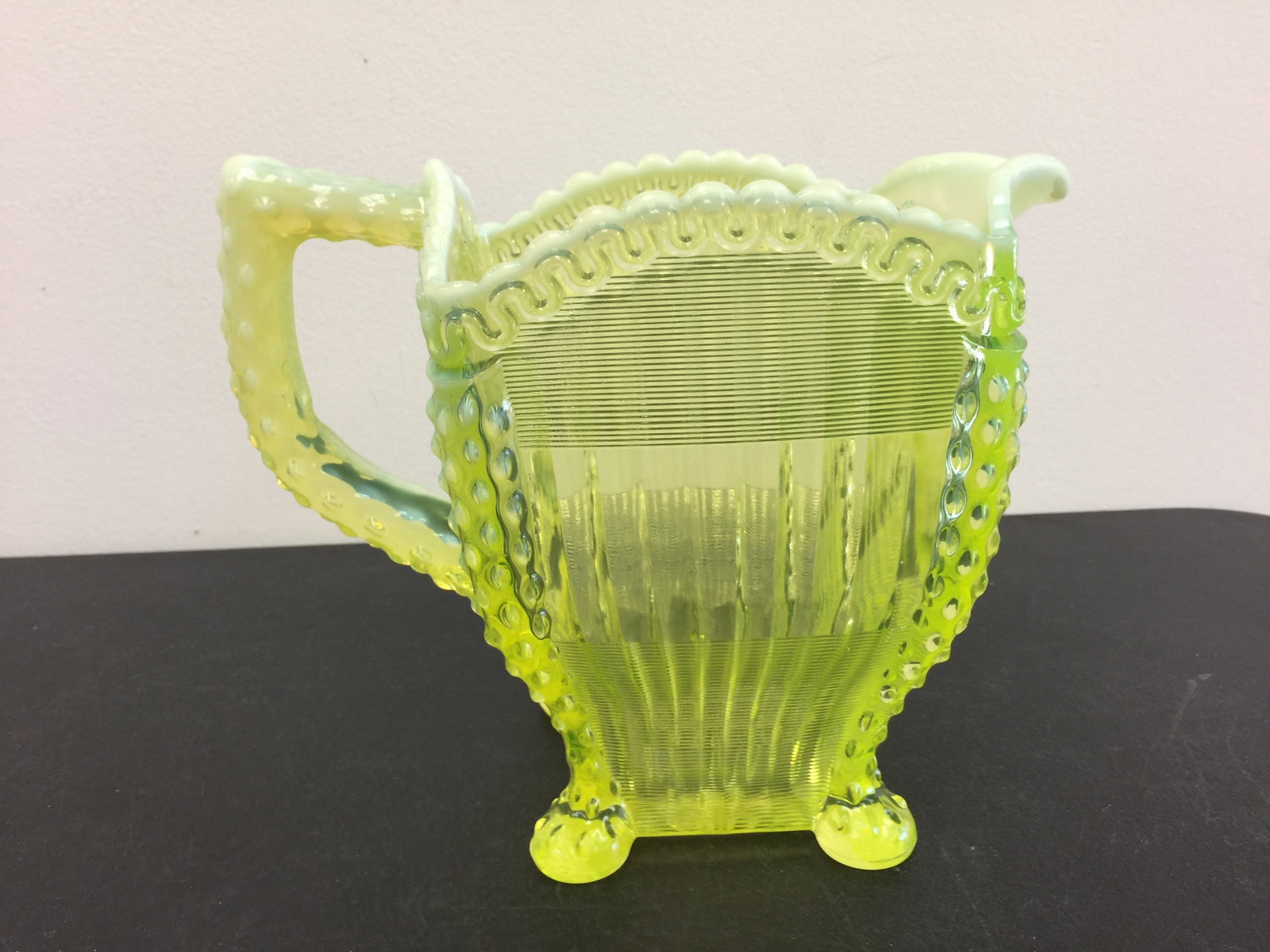 Northwood Glass Alaska Uranium Pitcher: lion legs, glows, 8"H.