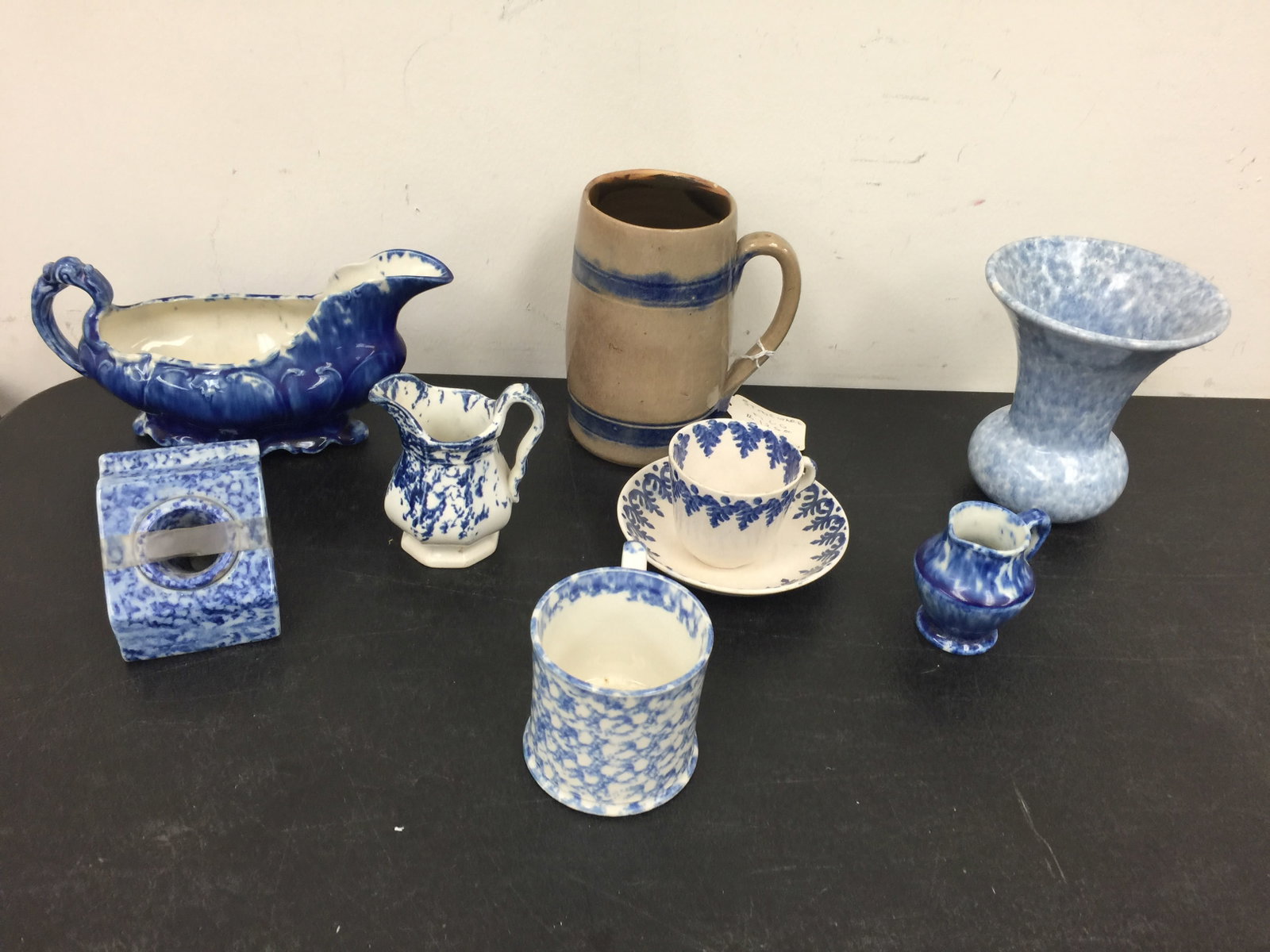 Antique China Grouping (9): Includes a stoneware mug, spongeware inkwell, plus. Largest 8.5".