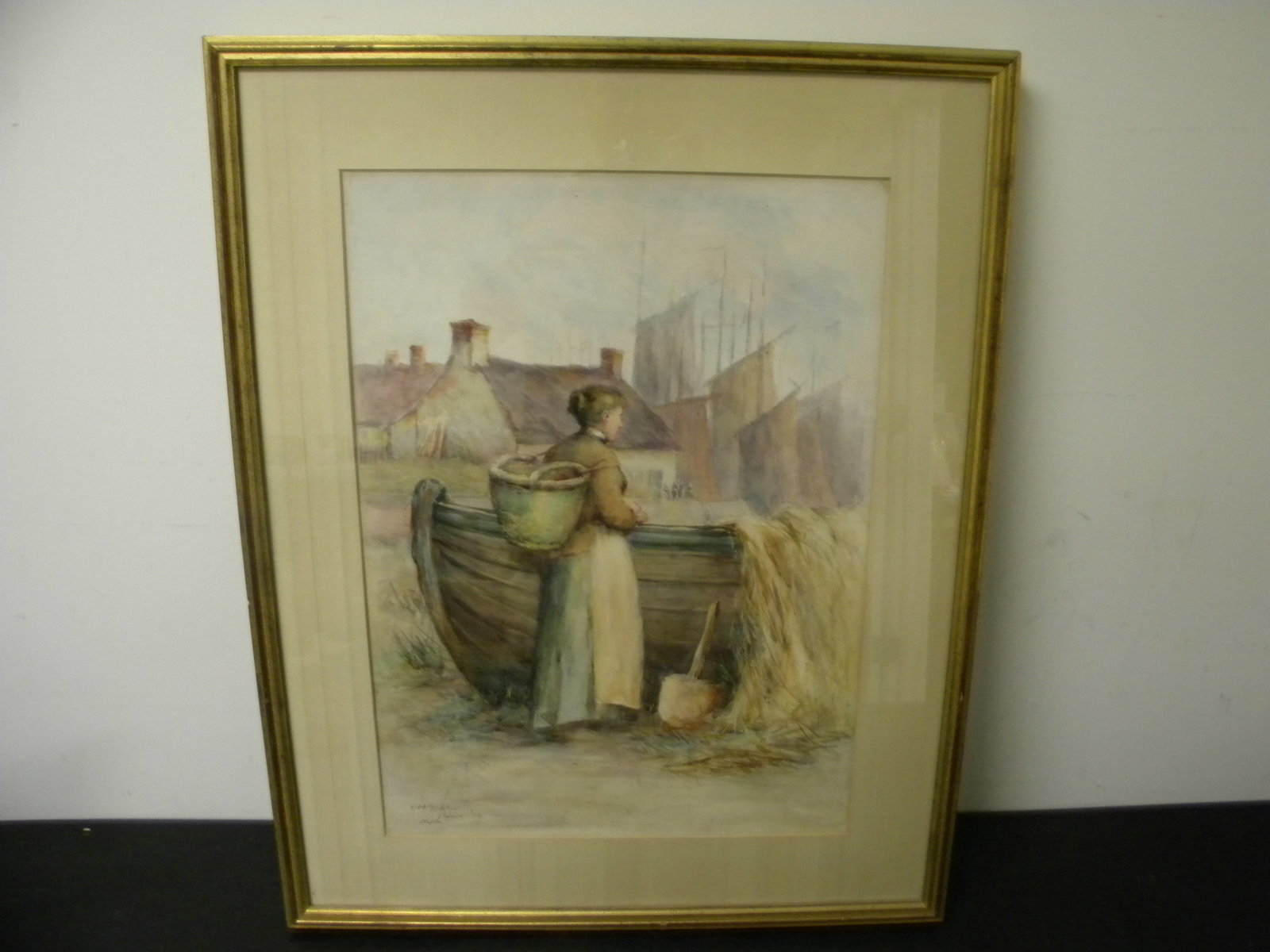 Edward Heinrich Gohl Watercolor: SLL, "EH Gohl Paris 96 Etaples(Northern France)", watercolor on paper, woman standing in front of a boat wtih maritime architecture in the distance. Matted, exposed 15.5"x22 and frame, 23"x29".