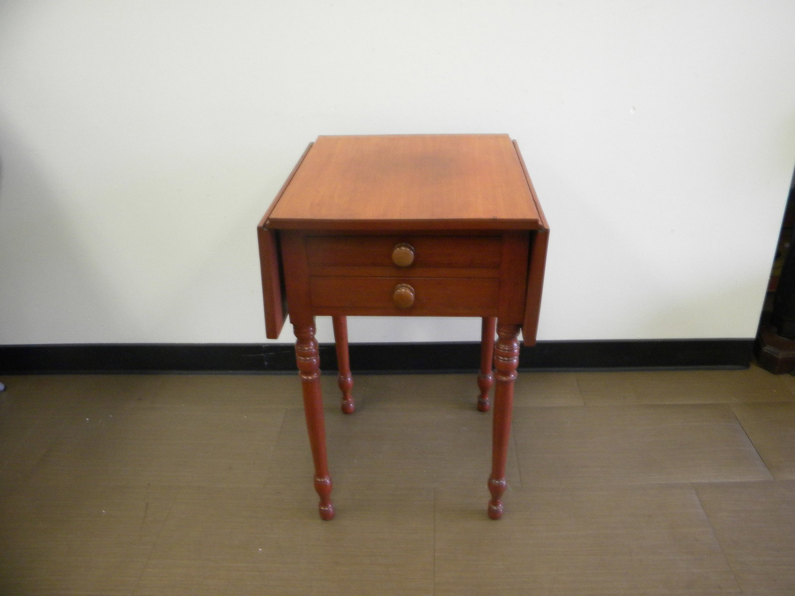 Cherry Two Drawer Table: turned legs, two dovetail drawers with two drop leaves. 18"x20"x29" with two 8.5" leaves.