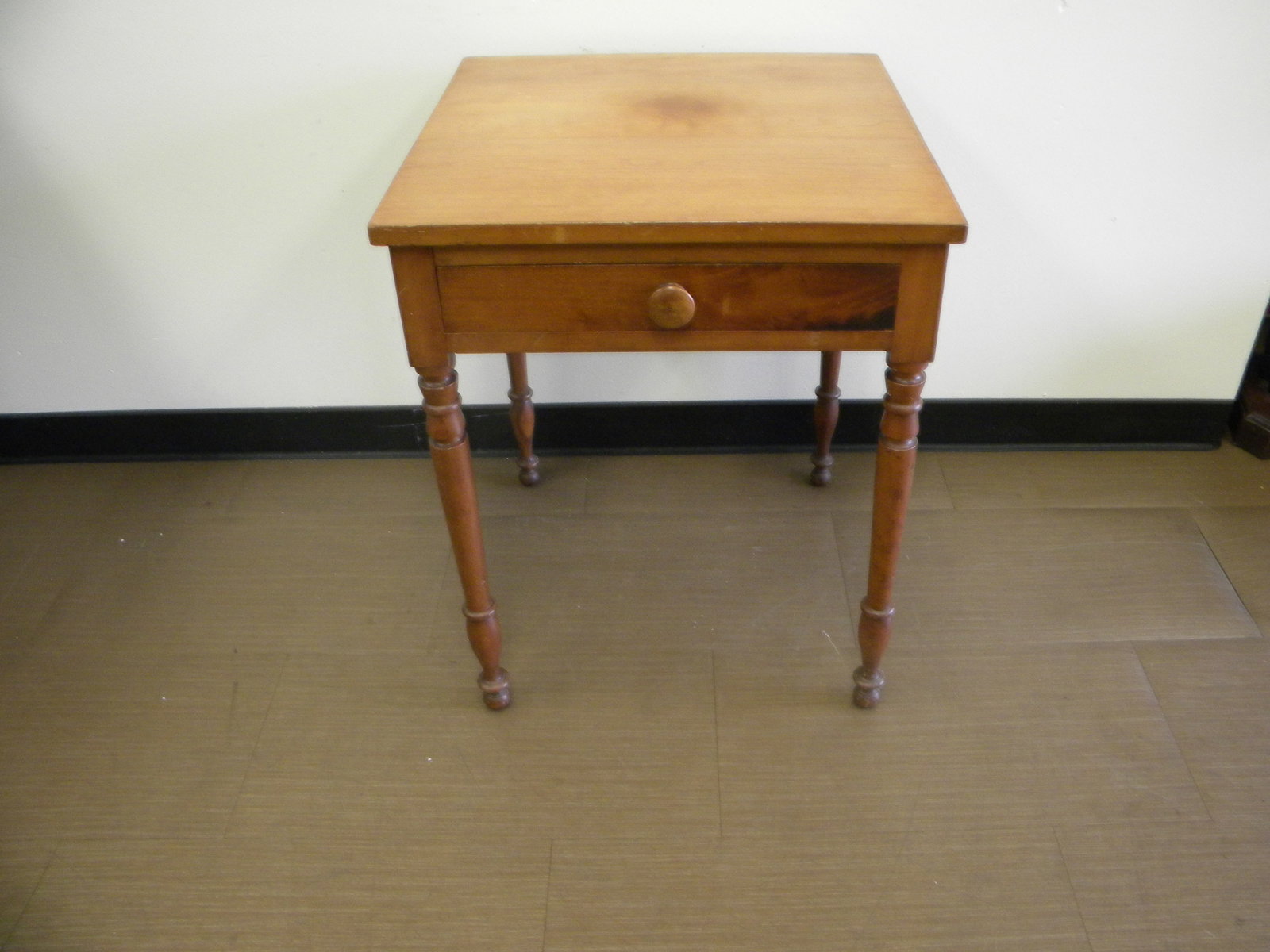 Cherry One Drawer Table: turned legs, dovetail drawer. 22"x28".