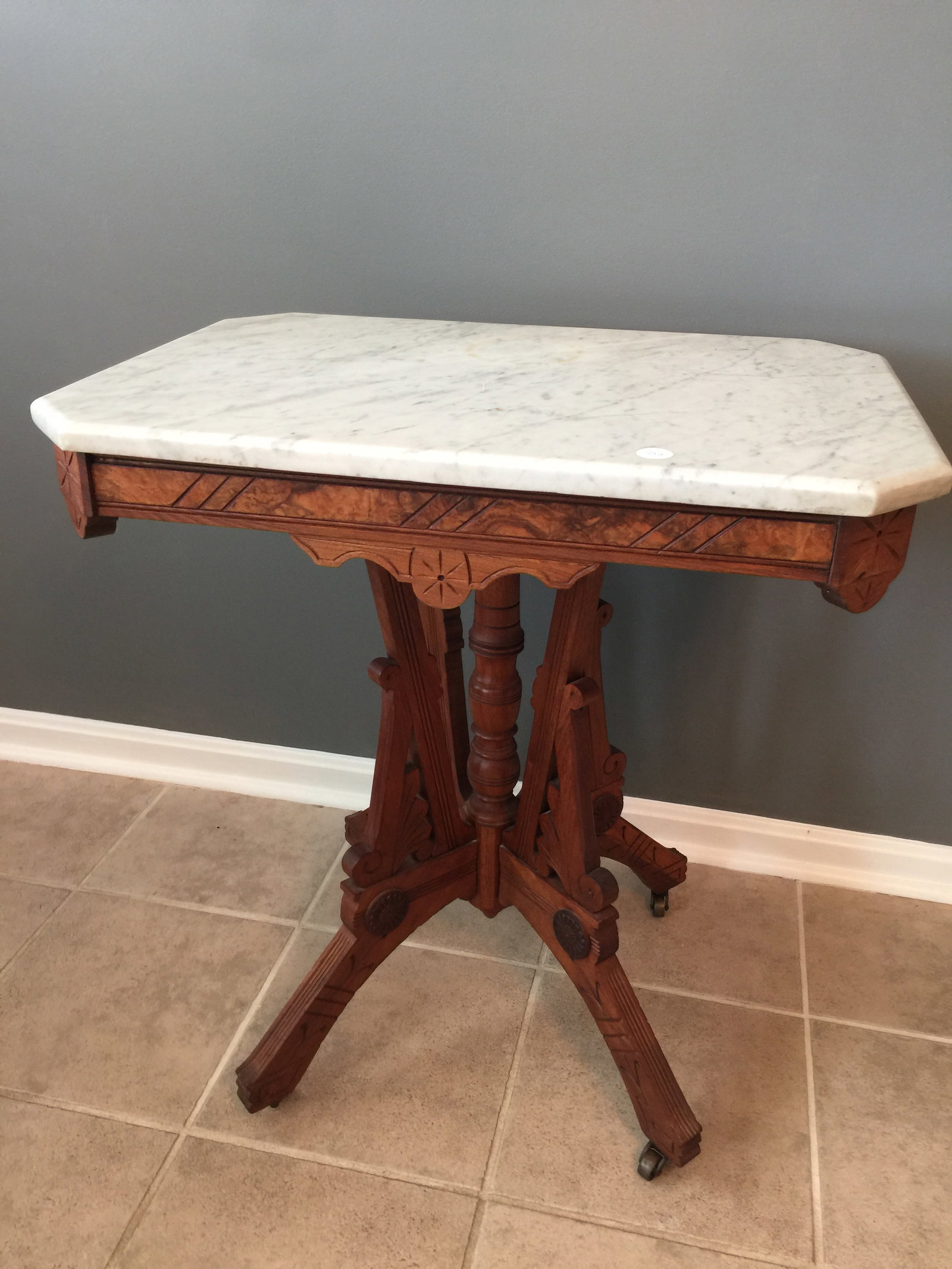 Marble Top Table: burlwood, 29"x27"x19".