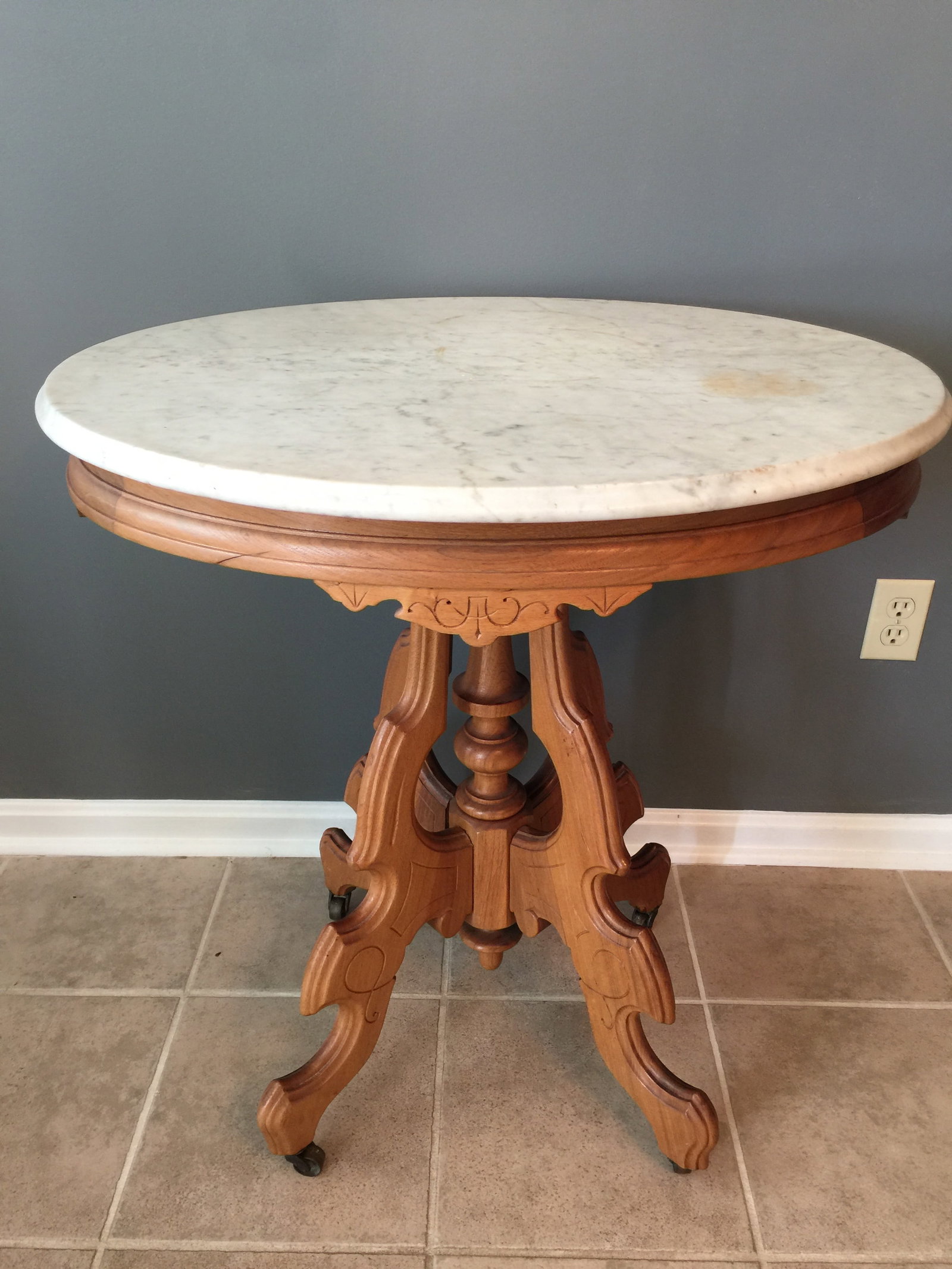 Victorian Marble Top Stand: carved base, 30"x29"x23".