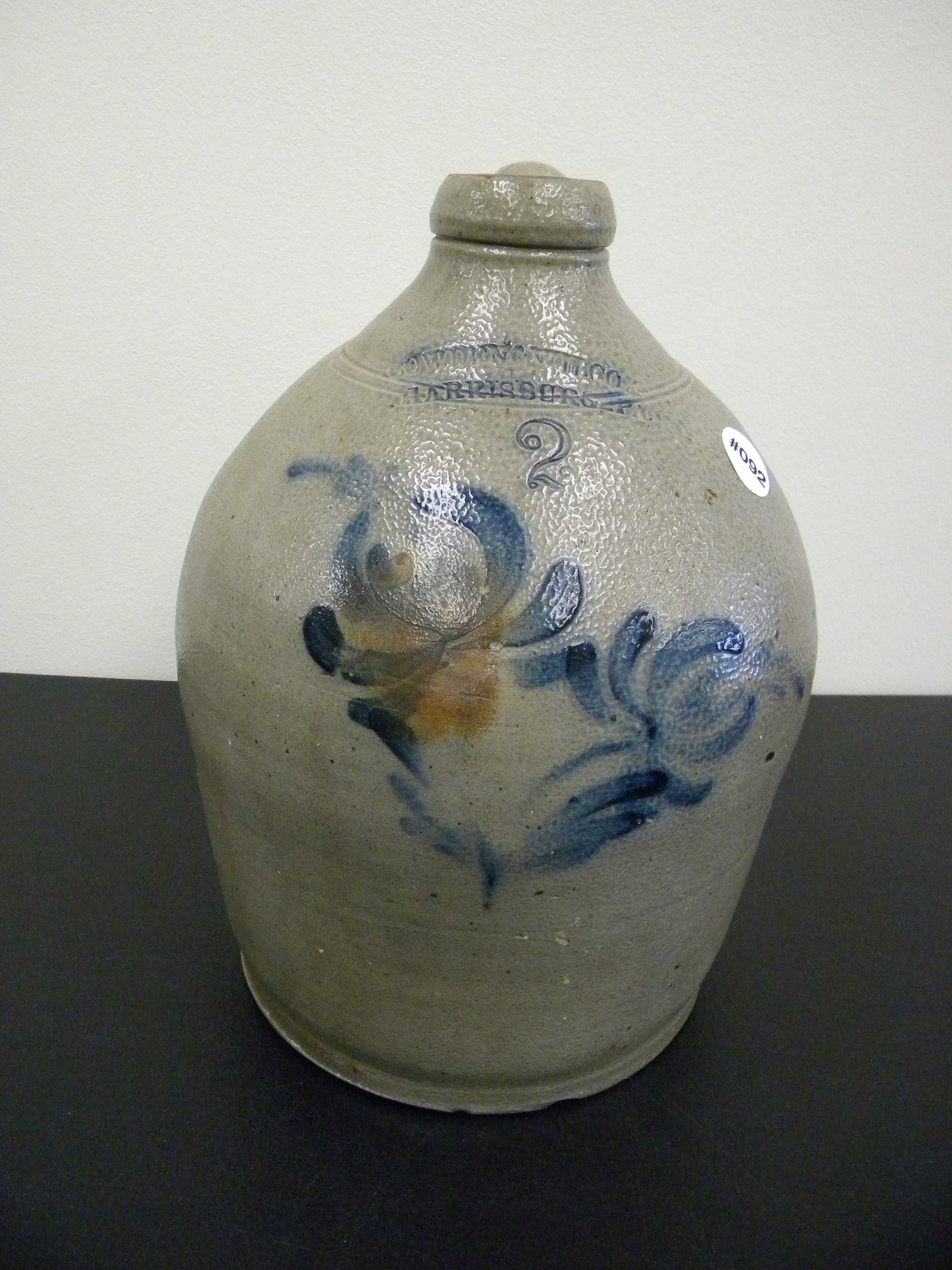 Cowden & Wilcox Cobalt Stoneware Jug: Floral decoration, 13" H.