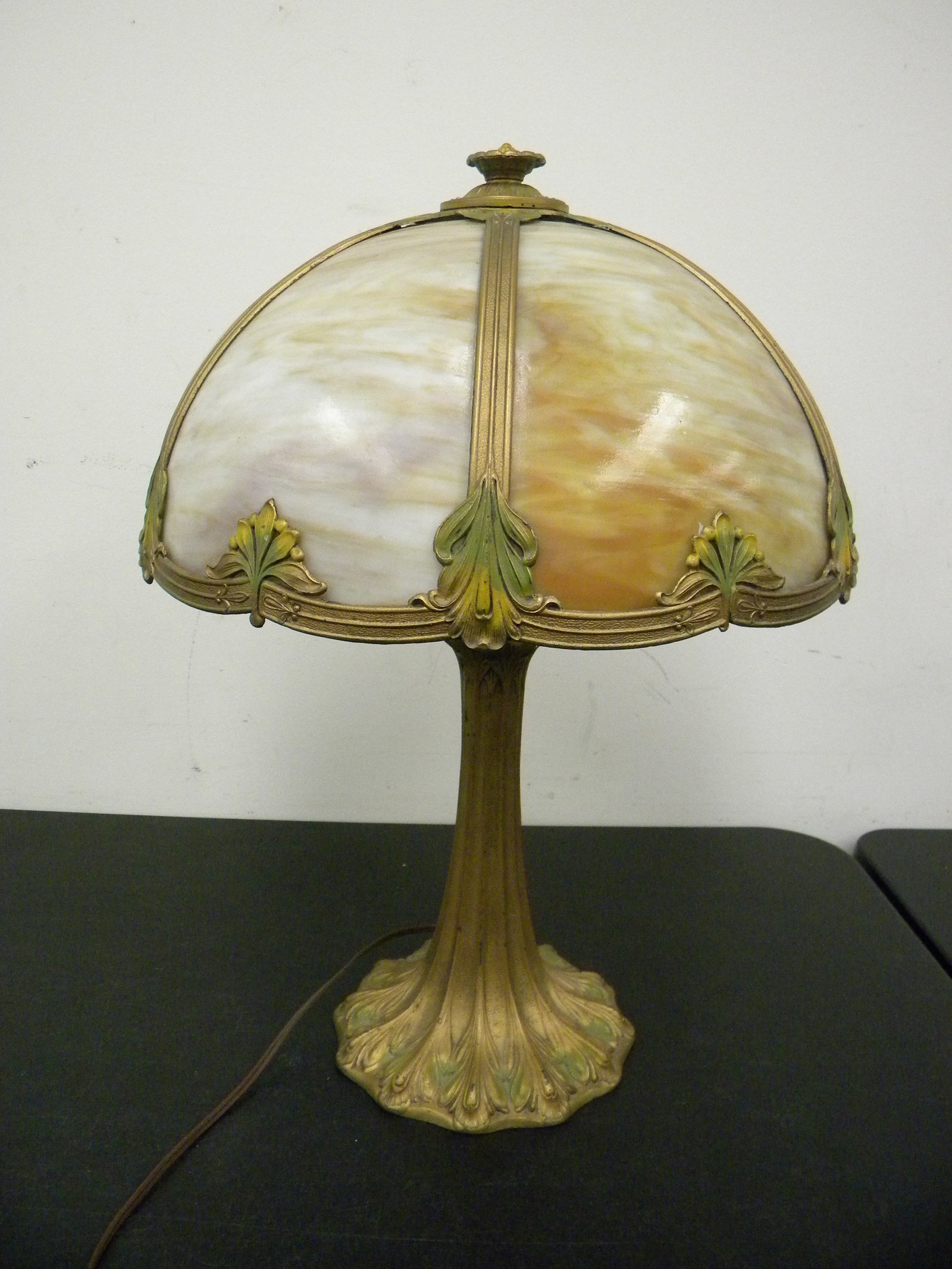 6 Panel Antique Slag Glass Lamp: Curved glass, base is unsigned, art nouveau design, 21" H.