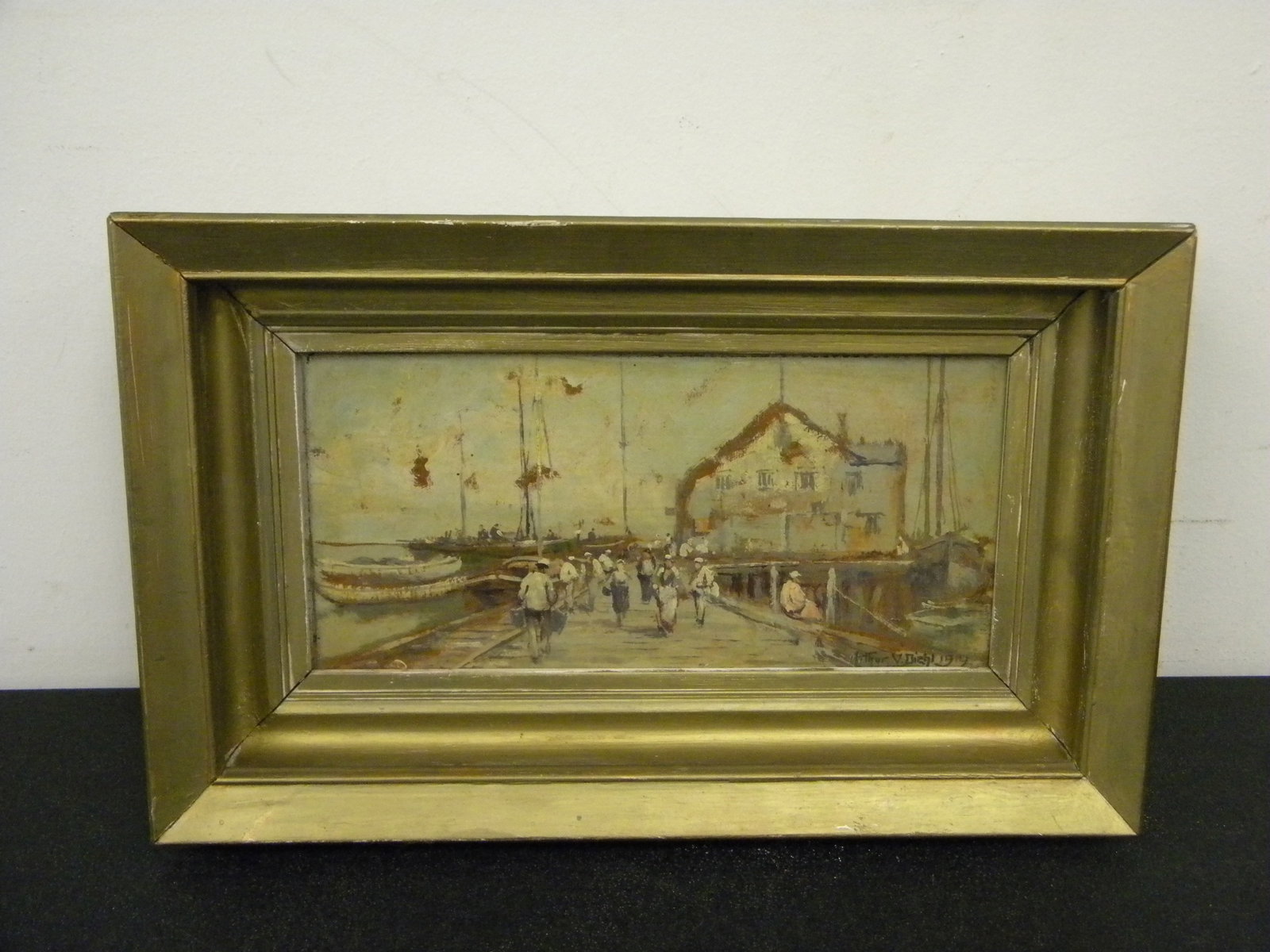 Arthur Vidal Diehl Oil on Board: SLR, dated 1919. Painted harbor scene or coastal wharf. Painting 11.5" x 6", frame 16" x 10".