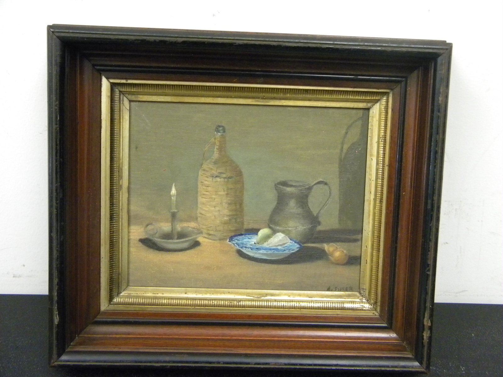 Signed Still Life on Board: SLR, A. Fuker. Exposed 9.5" x 7.5", frame 14" x 13".