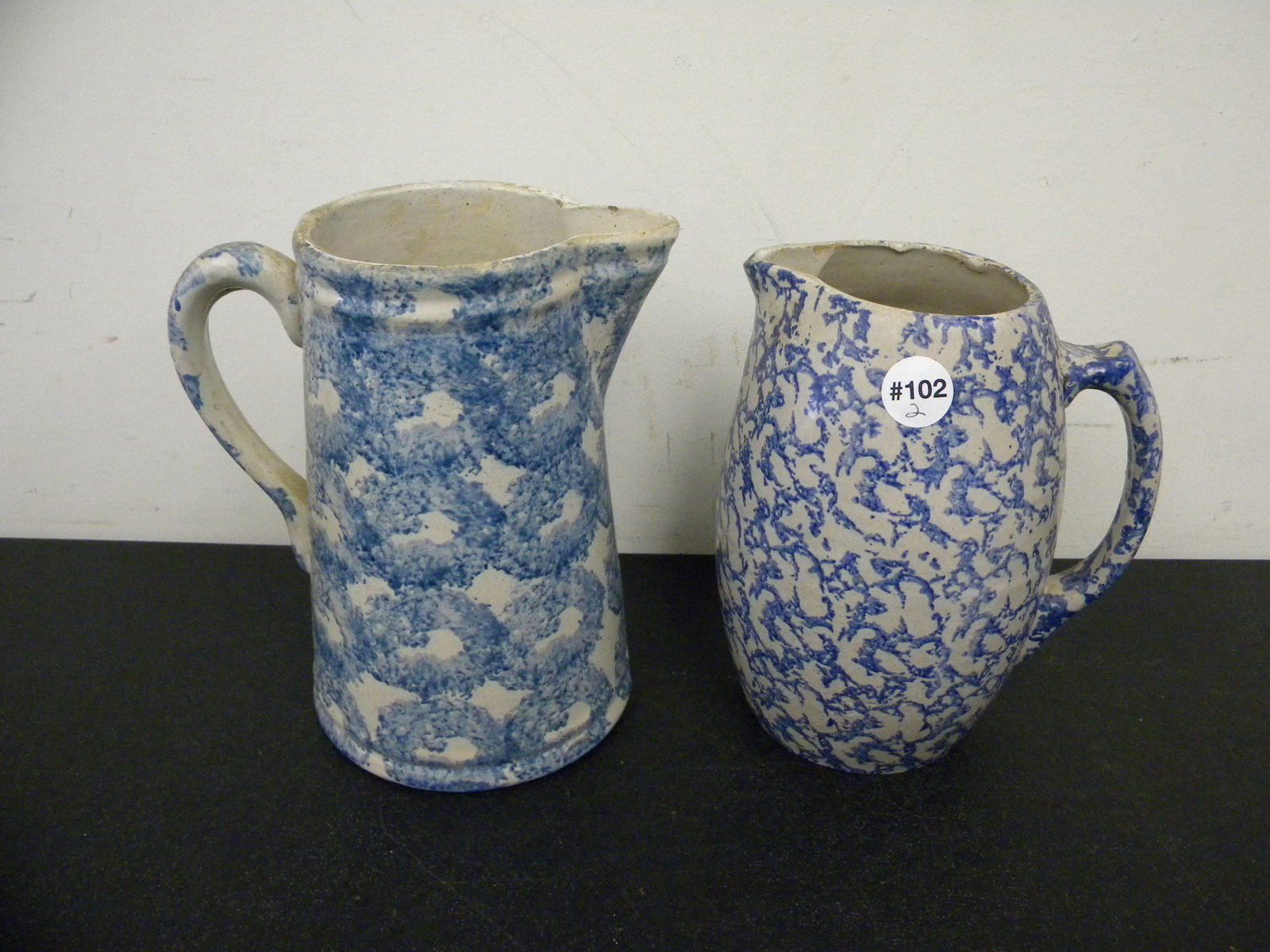 2 Antique Spongeware Pitchers: Largest 9.5".