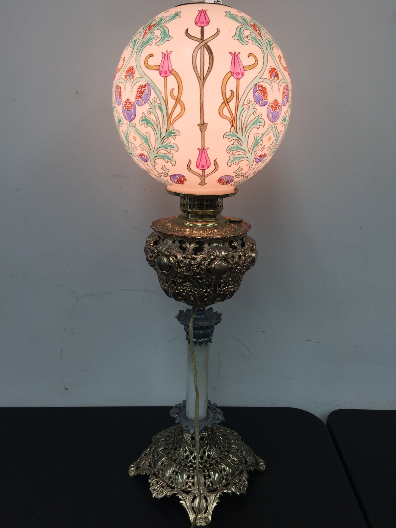 Onyx Parlor Lamp: ornate base with onyx insert, art nouveau hand painted shade, 31"H.