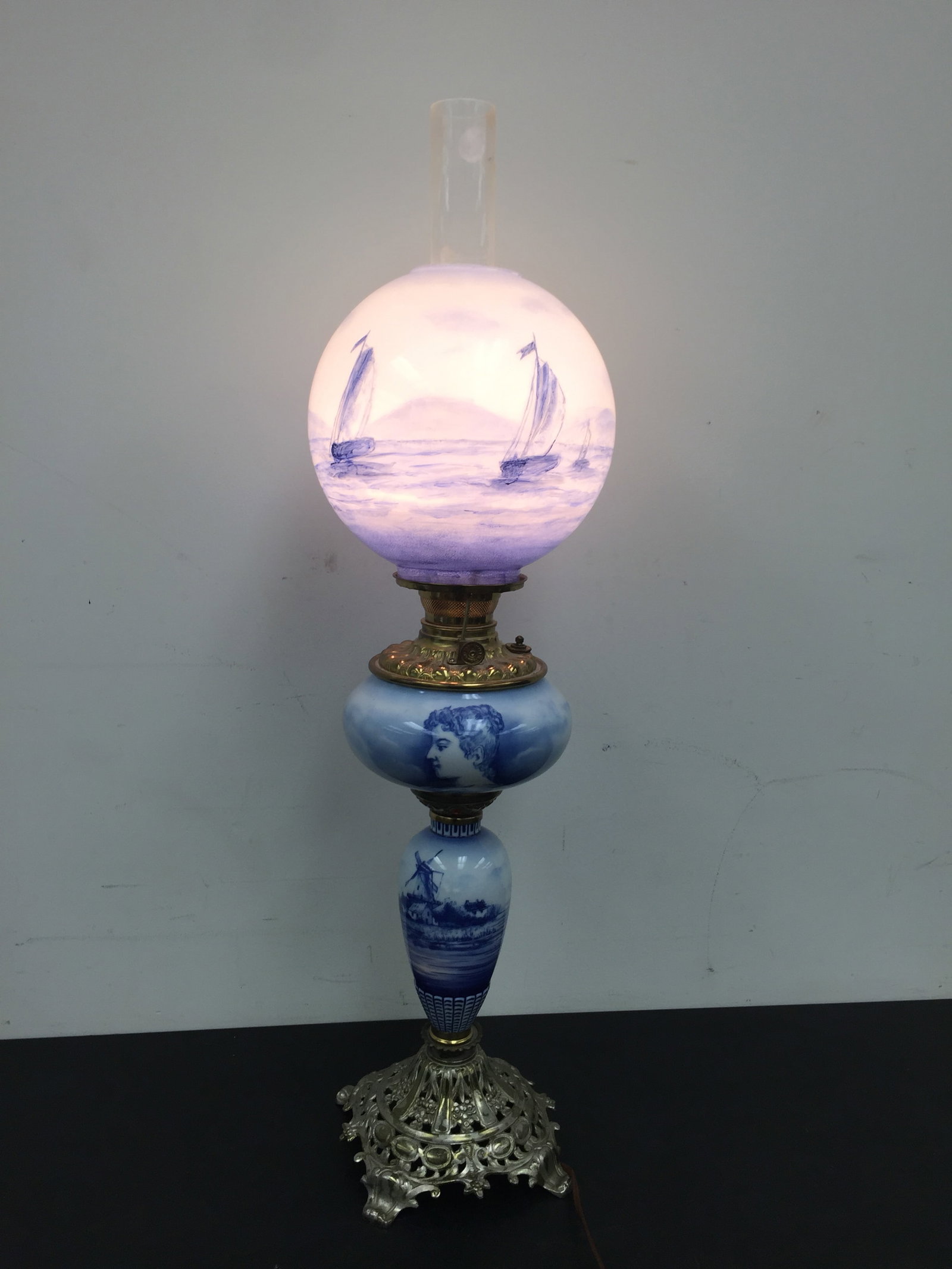 Three Tier Delft GWTW Lamp: hand painted with sailing boats, one portrait of a young woman, 35"H.