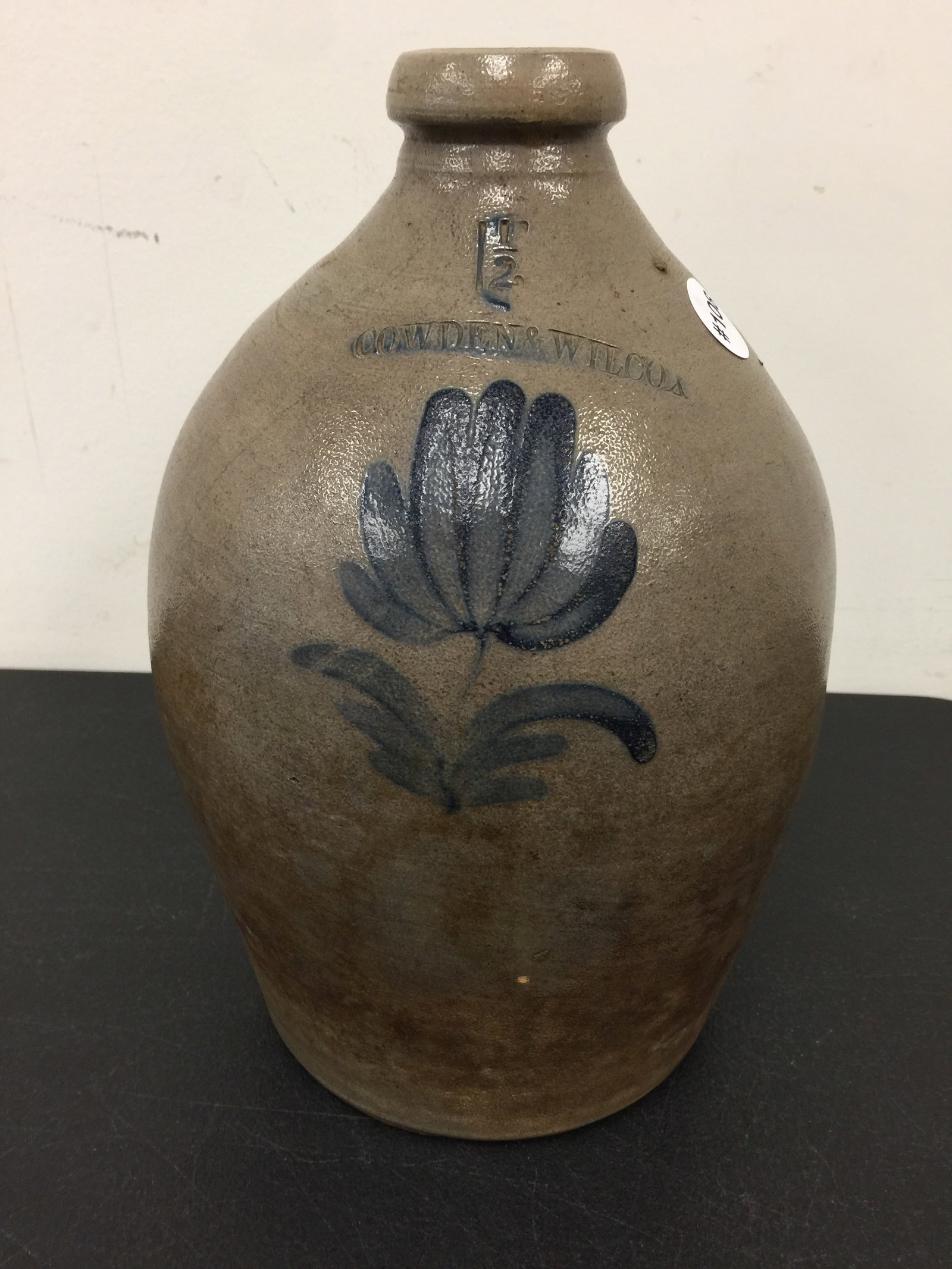 Cowden & Wilcox Cobalt Jug: one and a half gallon, floral cobalt decoration, lug handle, 14"H.
