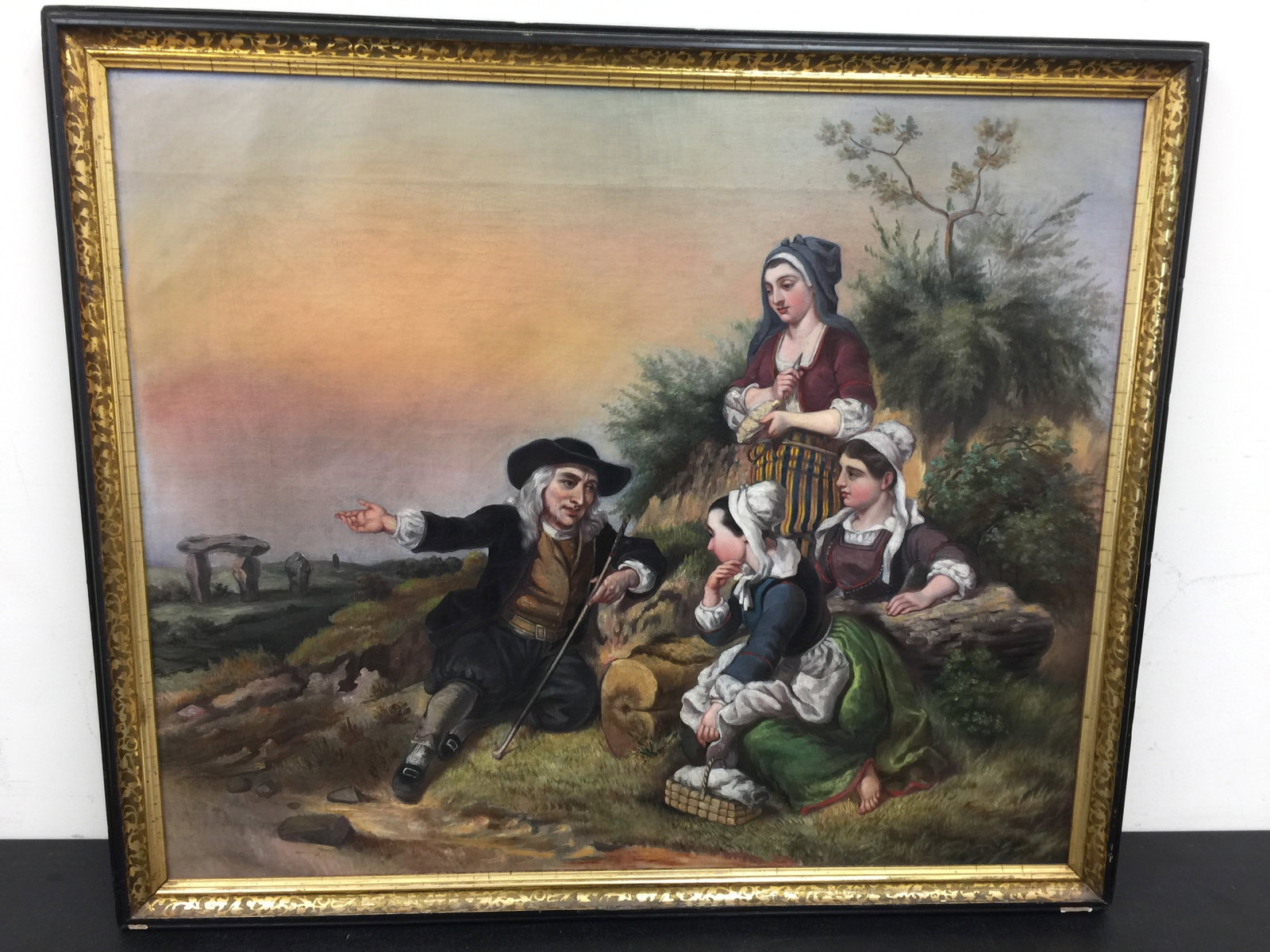 19thC Oil on Canvas: Colonial man on roadside with three woman. Exposed 29" x 25", frame 32" x 28".