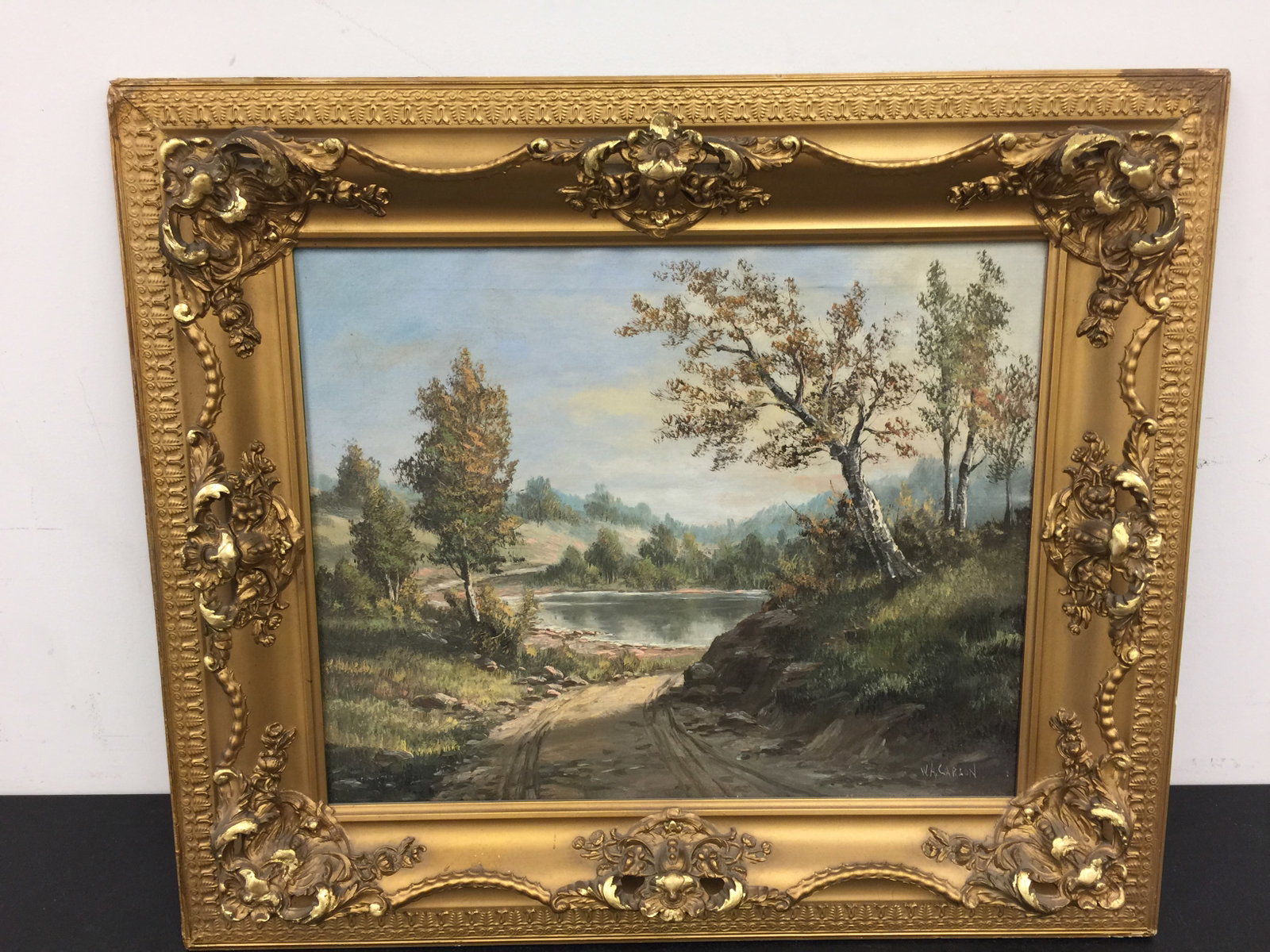 William A. Carson Oil on Canvas: SLR, W.A. Carson. Pennsylvania artist. Exposed 19"x 16", frame 28" x 24". Landscape scene.