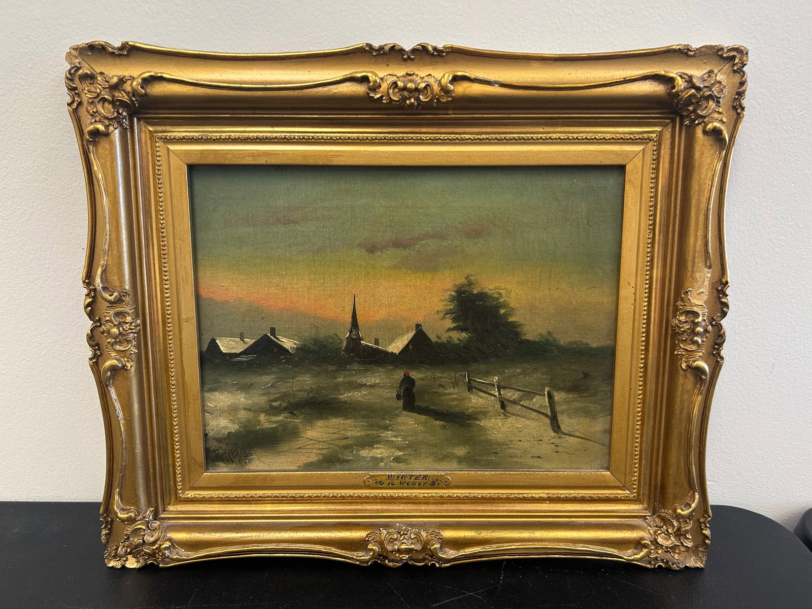 Antique R. Weber Oil Painting: titled " Winter ", SLL, on canvas, frame is 18" x 15", exposed is 12" x 9", in original gilt wood frame