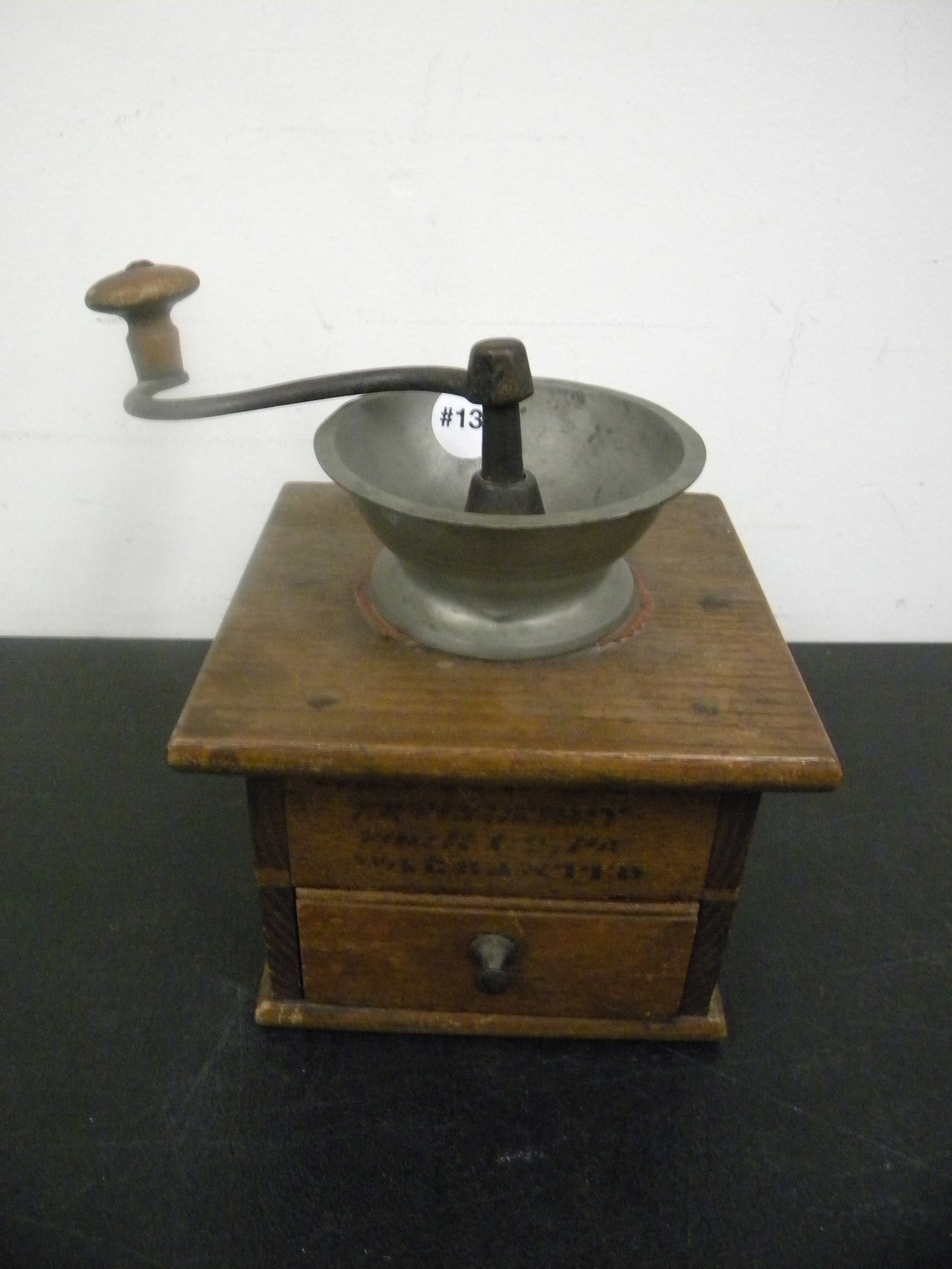 Antique Lewisberry, York C. Coffee Grinder: signed on front Lewisberry, York CO PA, has dovetailed oak case and original pewter top