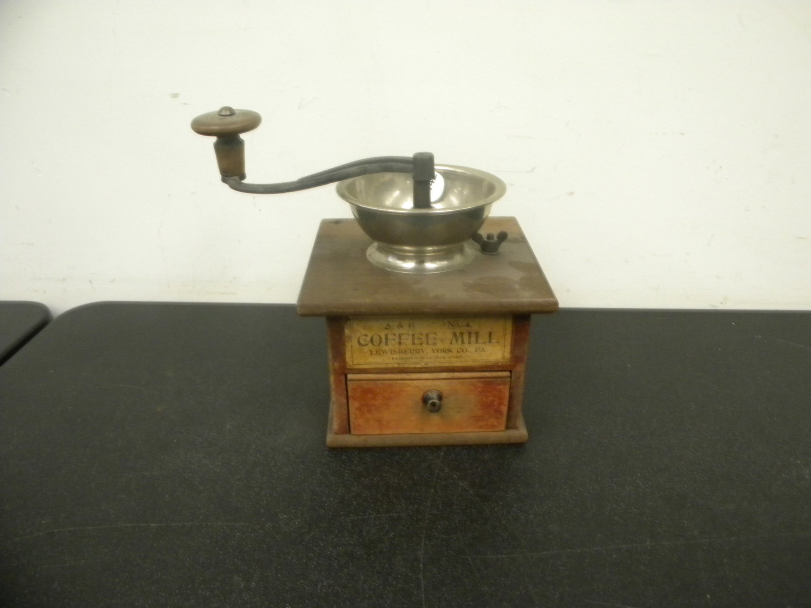 S. & B. Coffee Mill: label dated November 15, 1881, Lewisberry York Co., PA. 9"H to handle.