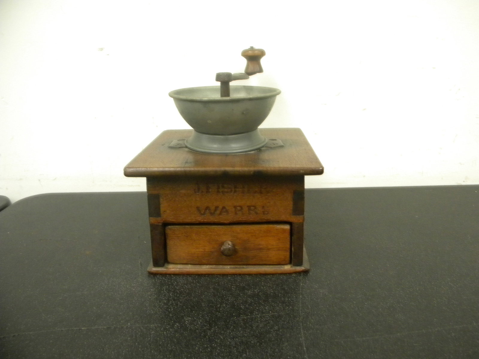 Coffee Grinder: original, signed "J. Fisher Warr", dovetail case. 9"H to handle.