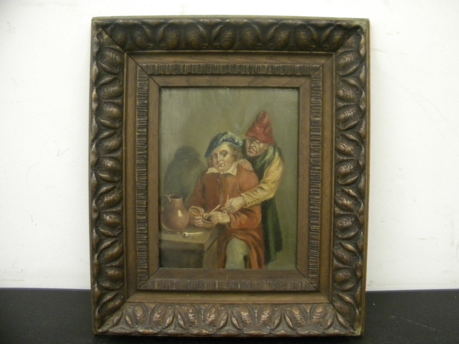 19thC Flemish Oil on Board: tavern scene, exposed 6.5"x9" and 13"x16".