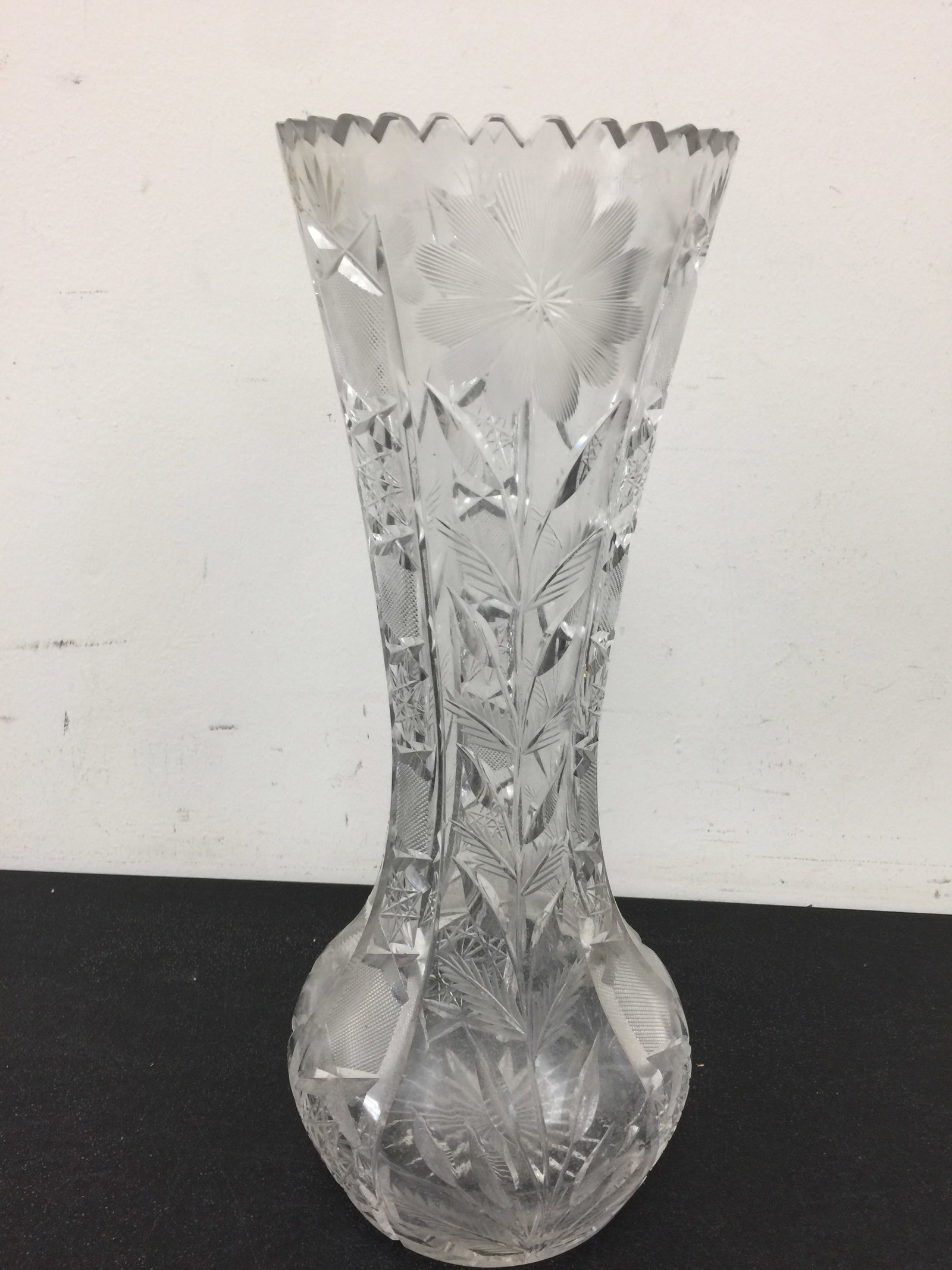 14" Cut Glass Vase: floral design.