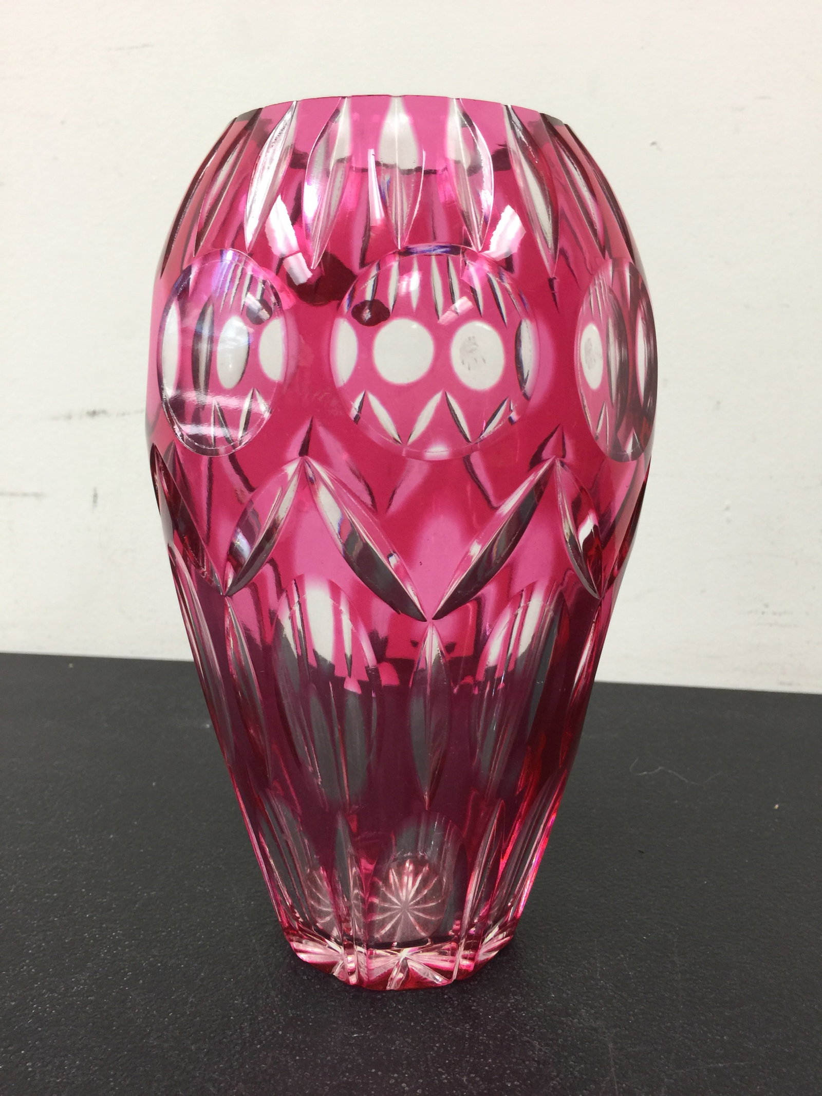 Bohemian Cut to Clear Vase: has label, 8.5".