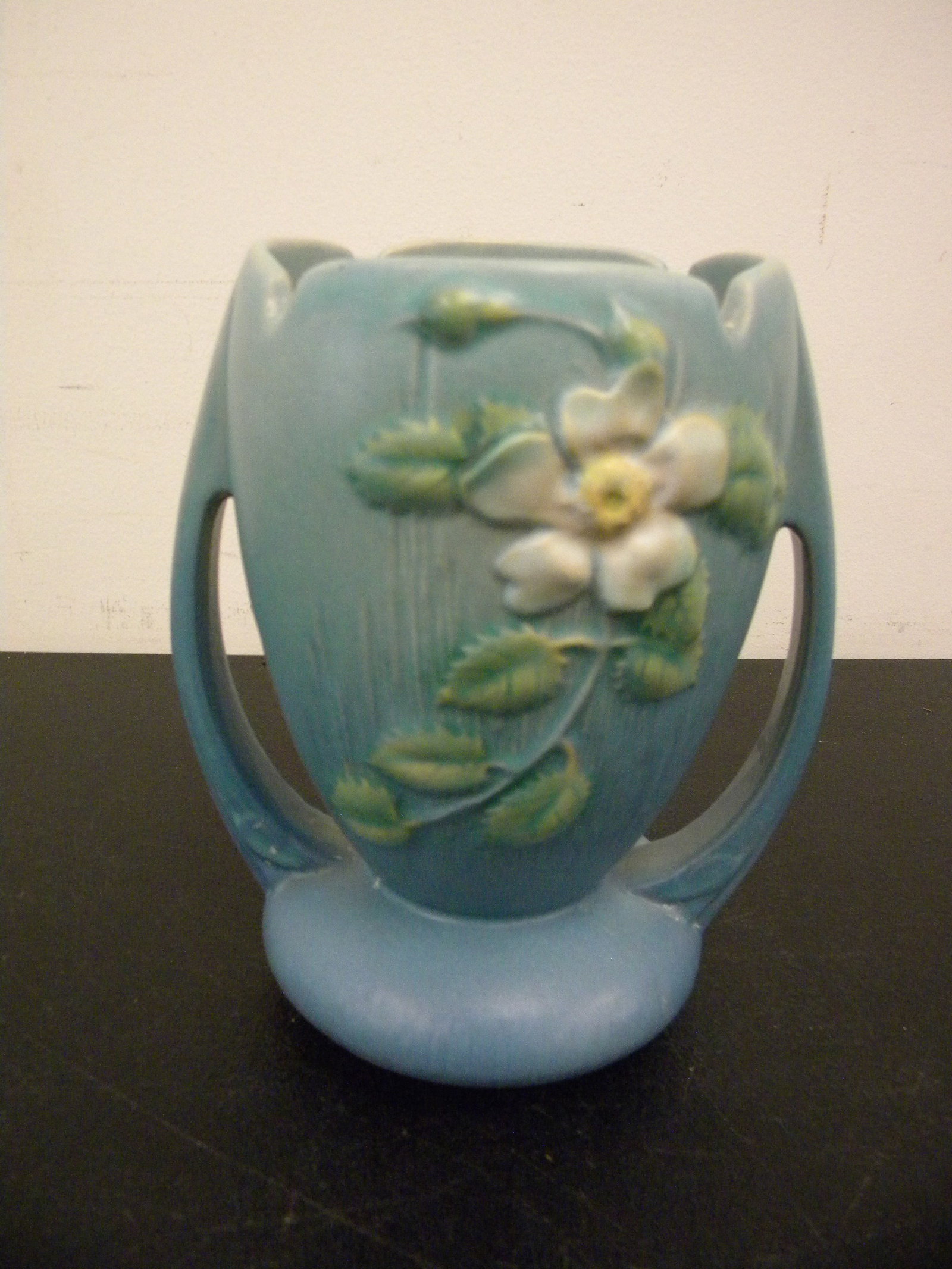 Roseville White Rose Blue Vase: #393-7".