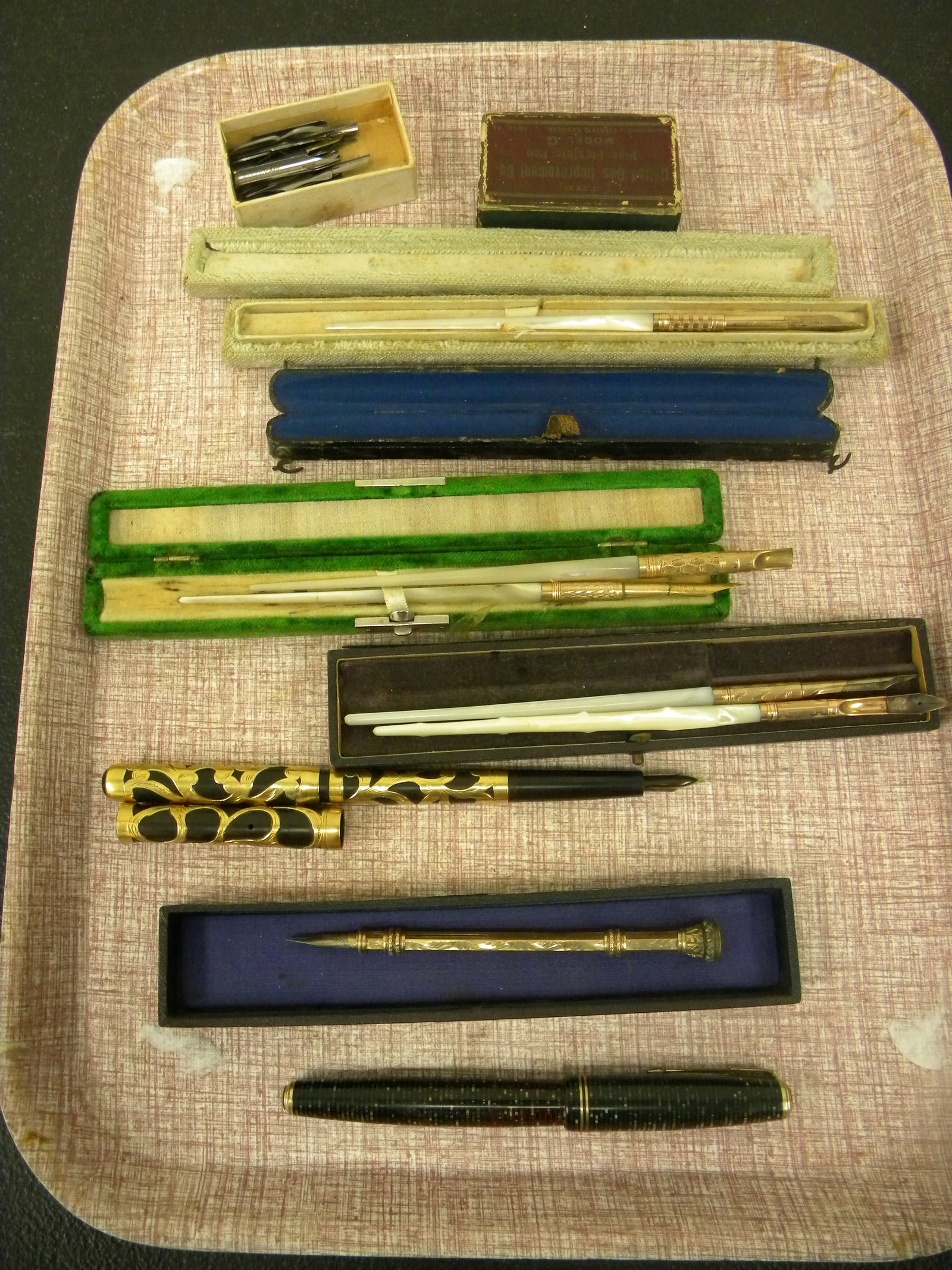 Fountain Pens and MOP Dip Pen Lot: various signed mop dip pen sets, parker and howard todd fountain pens and more.