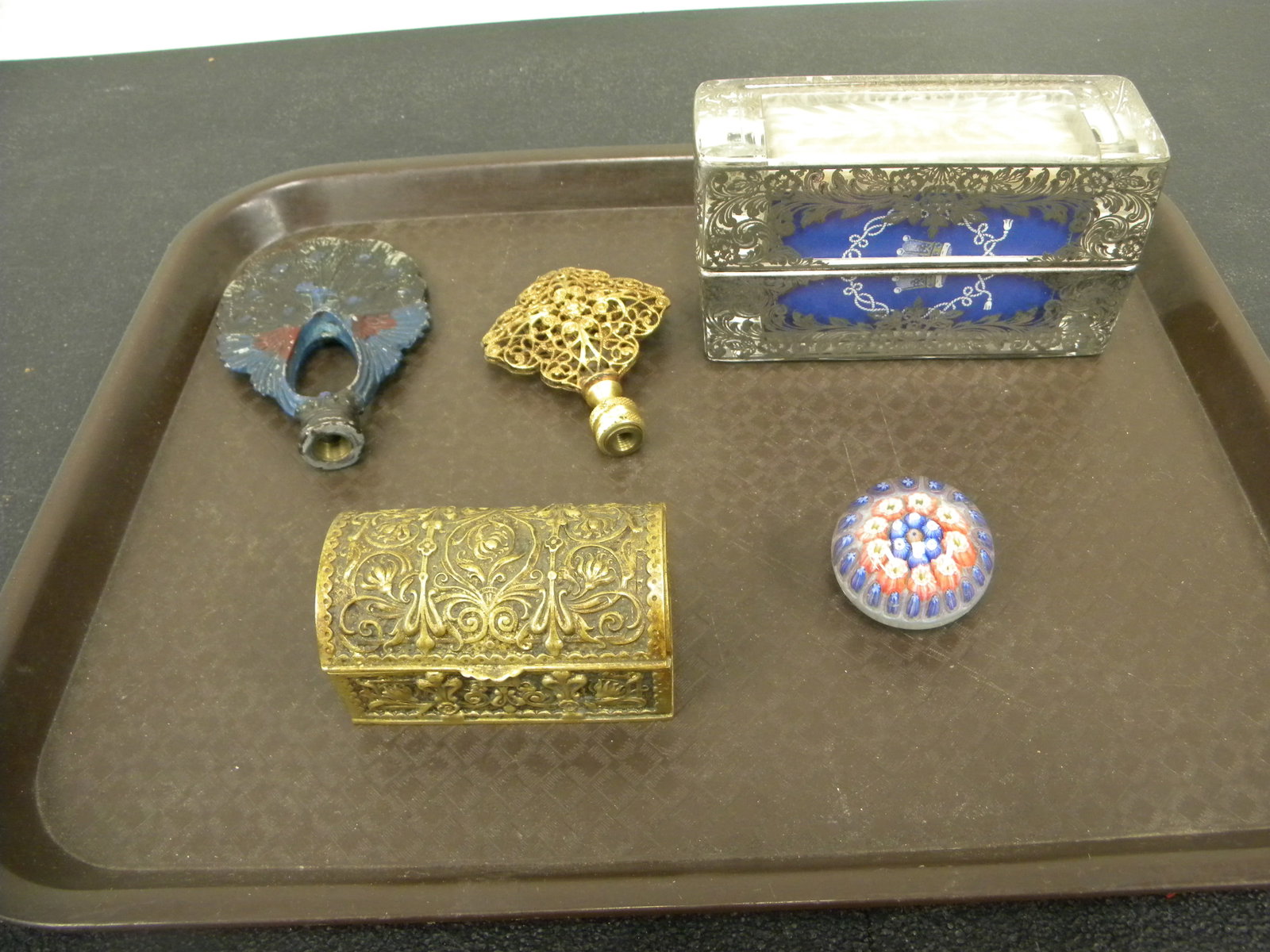 Mixed Lot: silver overlay glass card case, paperweight, finials and more.