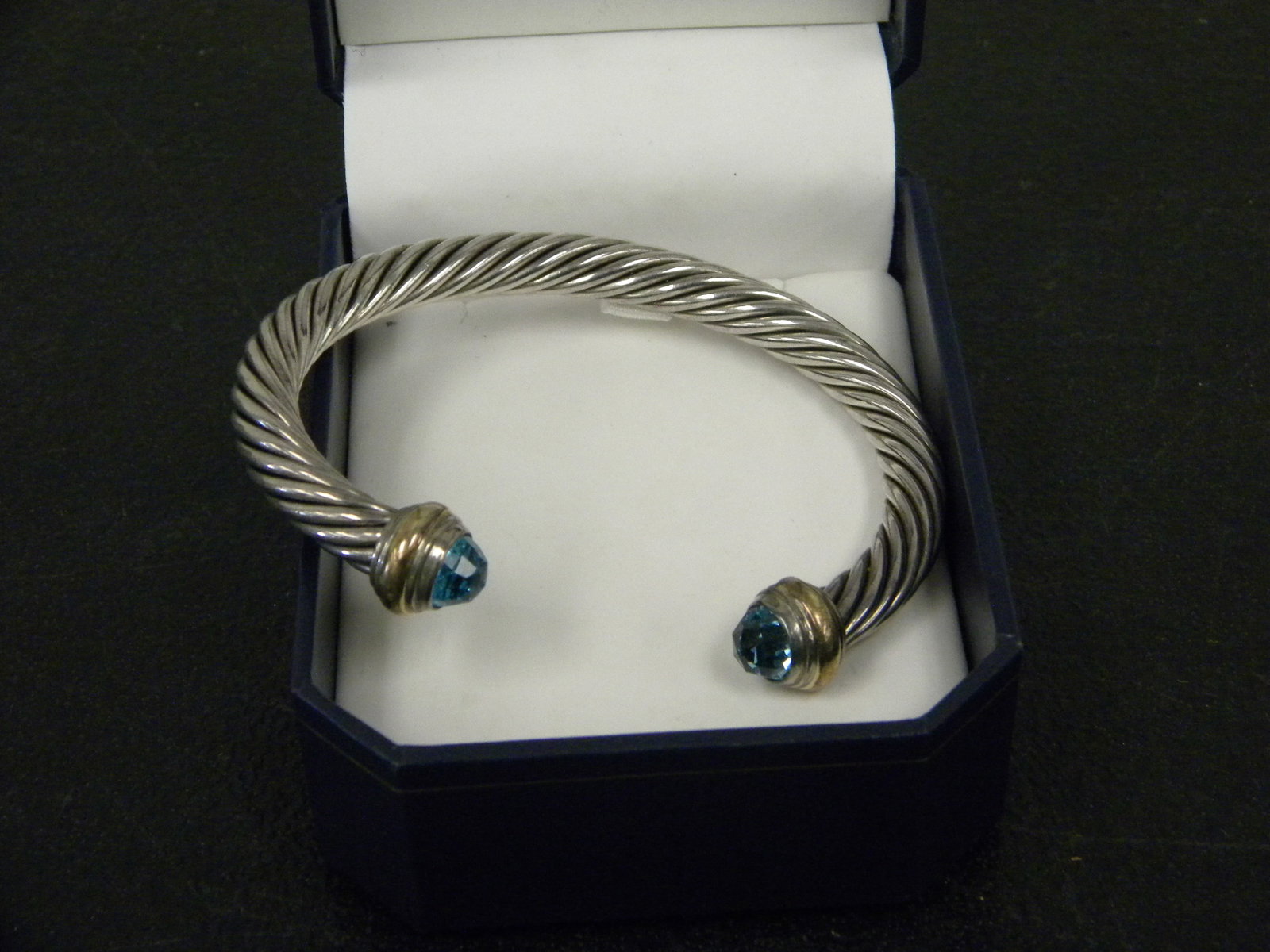 David Yurman Sterling & Gold Cable Cuff Bracelet: .925 sterling, 14k gold, 5mm cable amethyst cuff bracelet.