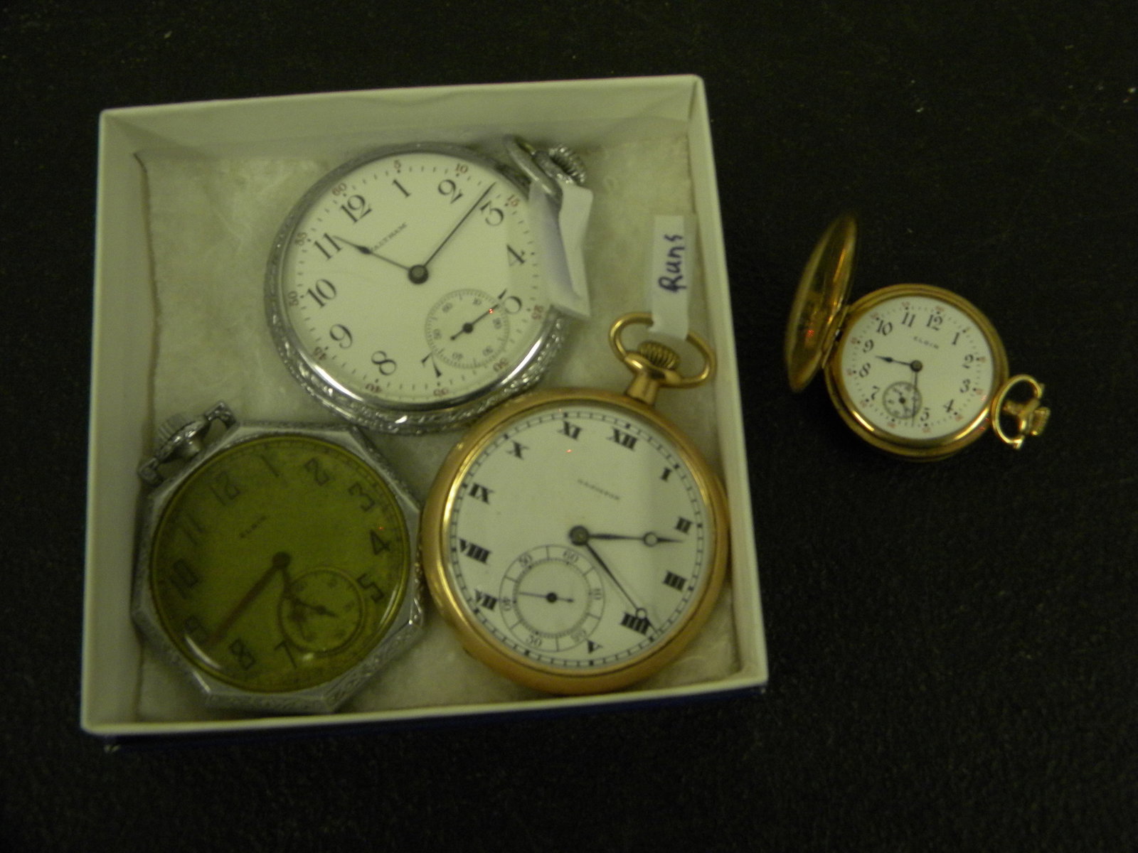 Pocket Watch Lot (4): includes two Elgin, Waltham and Hamilton.