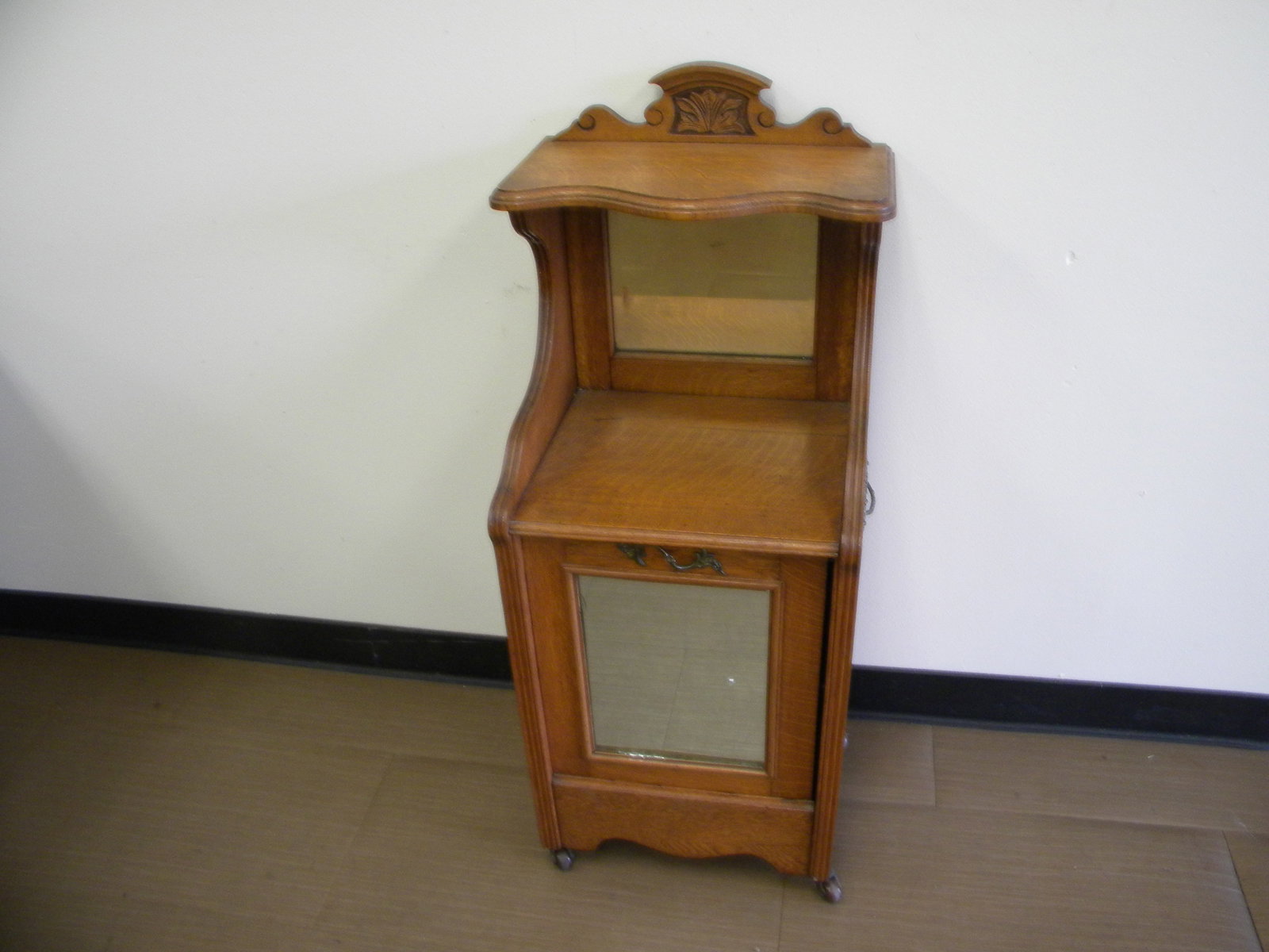 Antique Oak Coal Skuttle: Mirrored door. 16" x 13" x 38".