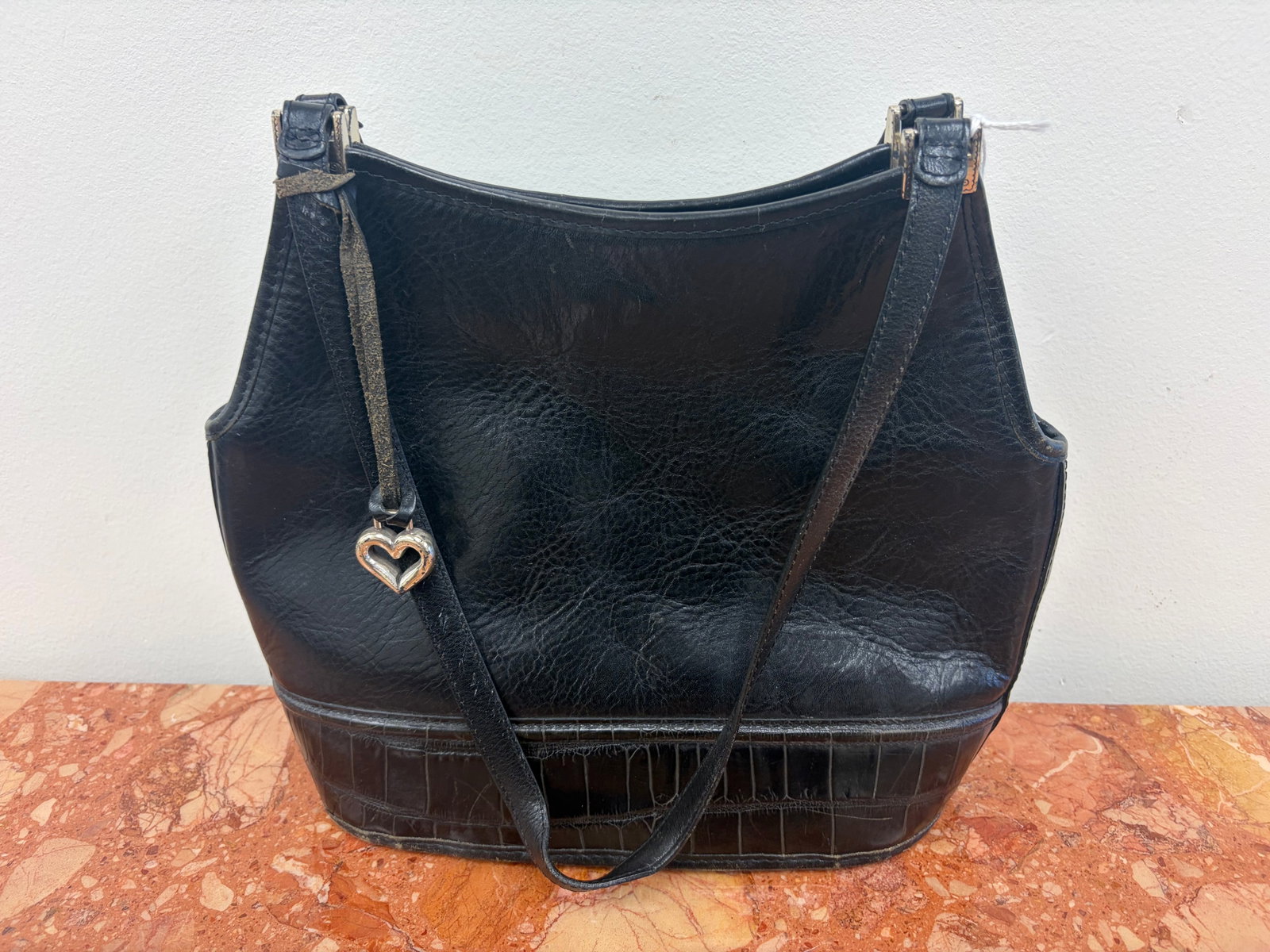 Original Brighton Shoulder Bag: black leather with embossed croc bottom, 13" x 11"