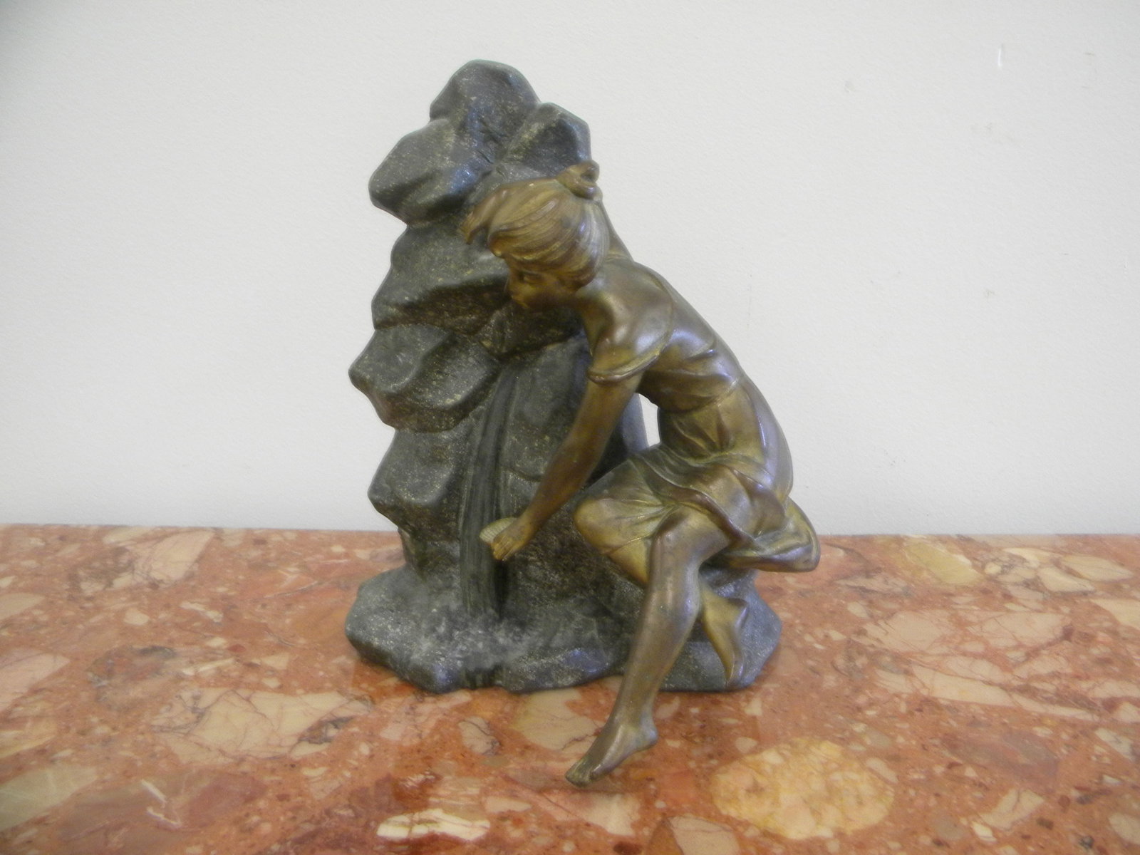 Art Nouveau Bronze: young woman leaning waterfall, 11"x8".