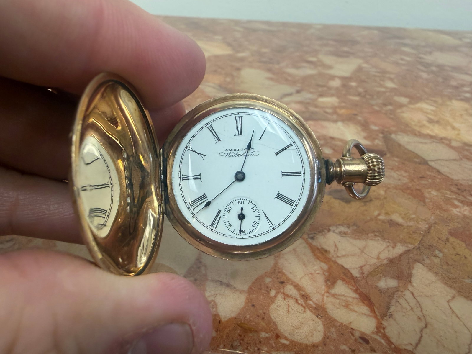 Waltham 14K Gold Pocket Watch: signed on face, fine engraved case. Marked 14K Monarch 4537722. Works marked. 2".