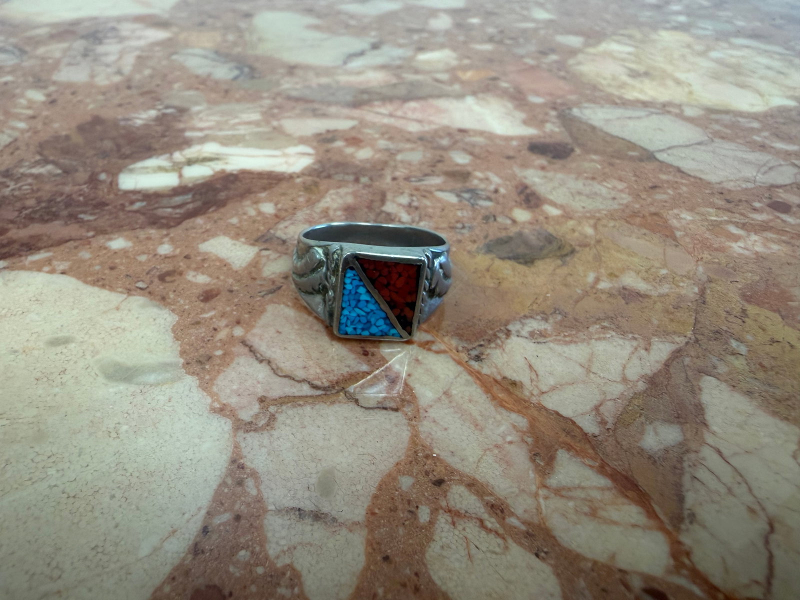 Southwestern Sterling Turquoise Coral Ring: unmarked, feather design, size 8.