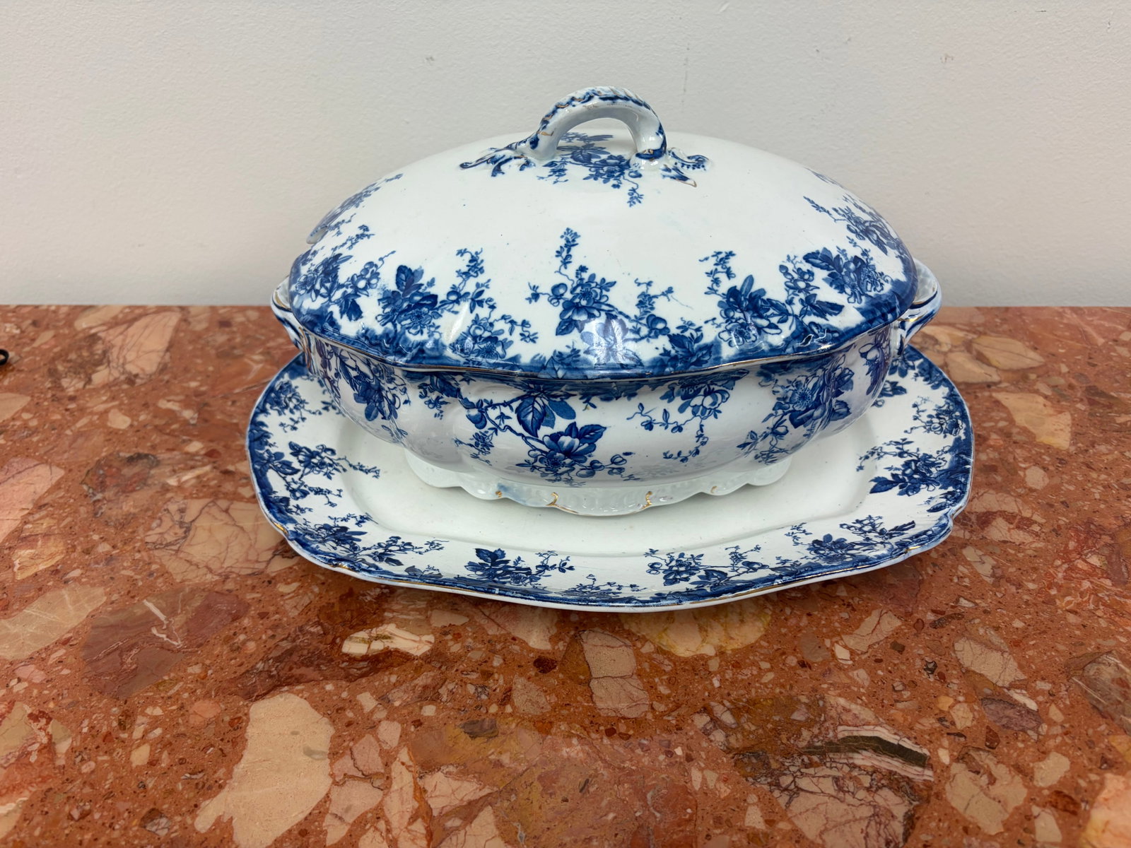 Flow Blue Tureen and Underplate: signed ridgeway, 14"W.