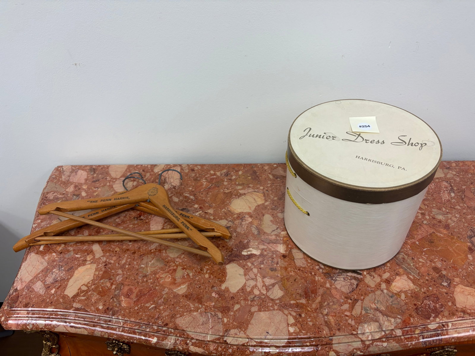 Harrisburg ADV Lot: penn harris hotel hangers and junior dress shop hat box. largest 14"/