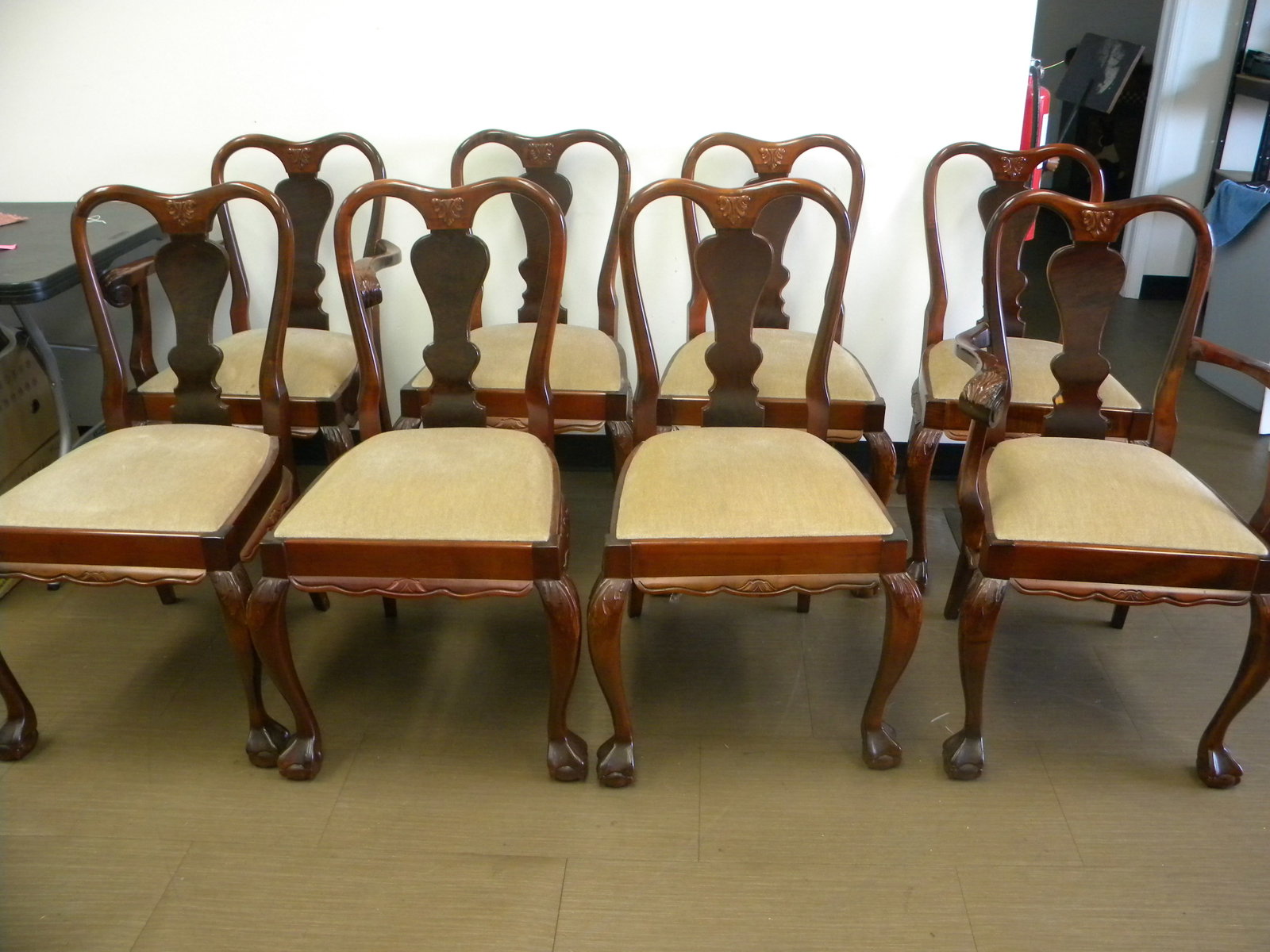 8 Carved Upholstered Dining Chairs: Armchair 36"x24"x18"