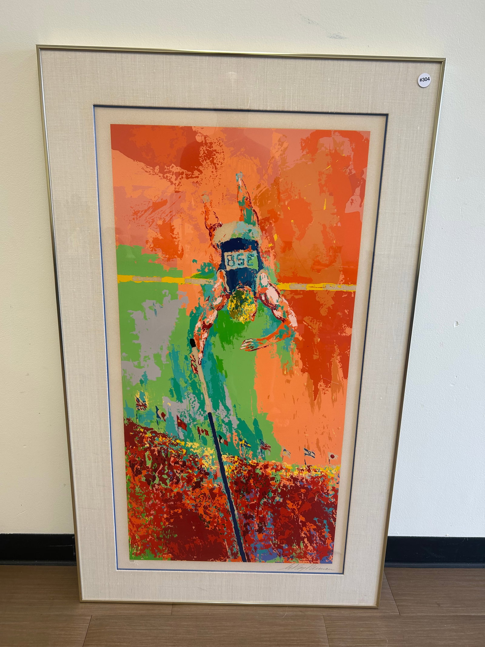 Leroy Neiman Lithograph: Titled "Olympic Pole Vaulter". Frame 32" x 53", exposed 24" x 45". Pencil signed SLR. Numbered 51/300, has stamp.