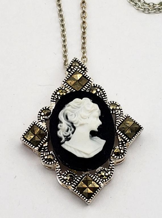 VINTAGE SILVER TONED CAMEO PENDANT WITH: MARCASITE ACCENTS-SILVER TONE