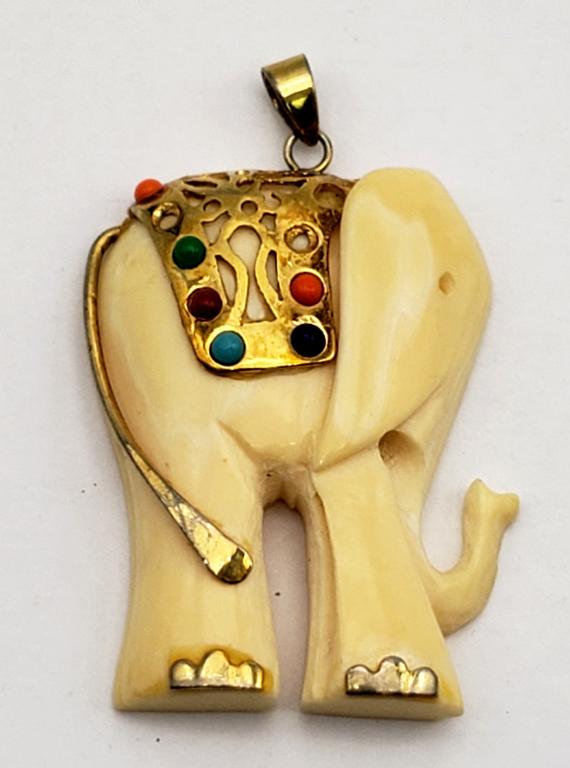 VINTAGE CARGED IVORY ELEPHANT PENDANT: MULTI COLORED BEAD ACCENTS (3)MISSING