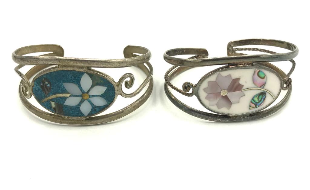2 MEXICO BANGLES W ABALONE INLAY: 18.1 DWT TOTAL
