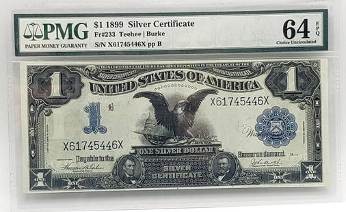 $1 1899 Black Eagle Silver Certificate PMG64 CU EP: Choice Uncirculated, Exceptional Paper Quality. FR#233 Teehee | Burke. Blue Seal!